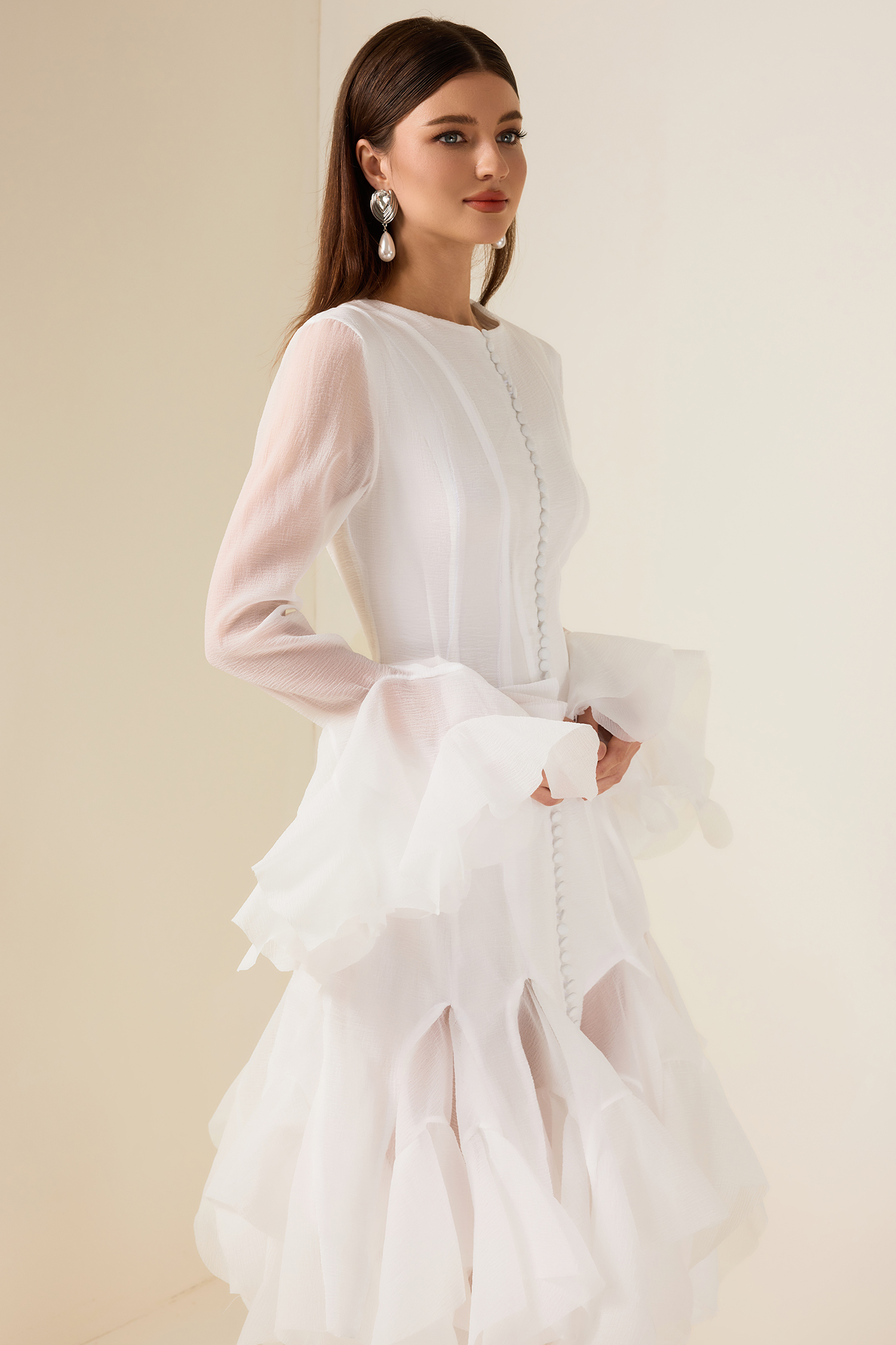 Solid Ruffle Bell Sleeve Midi Dress