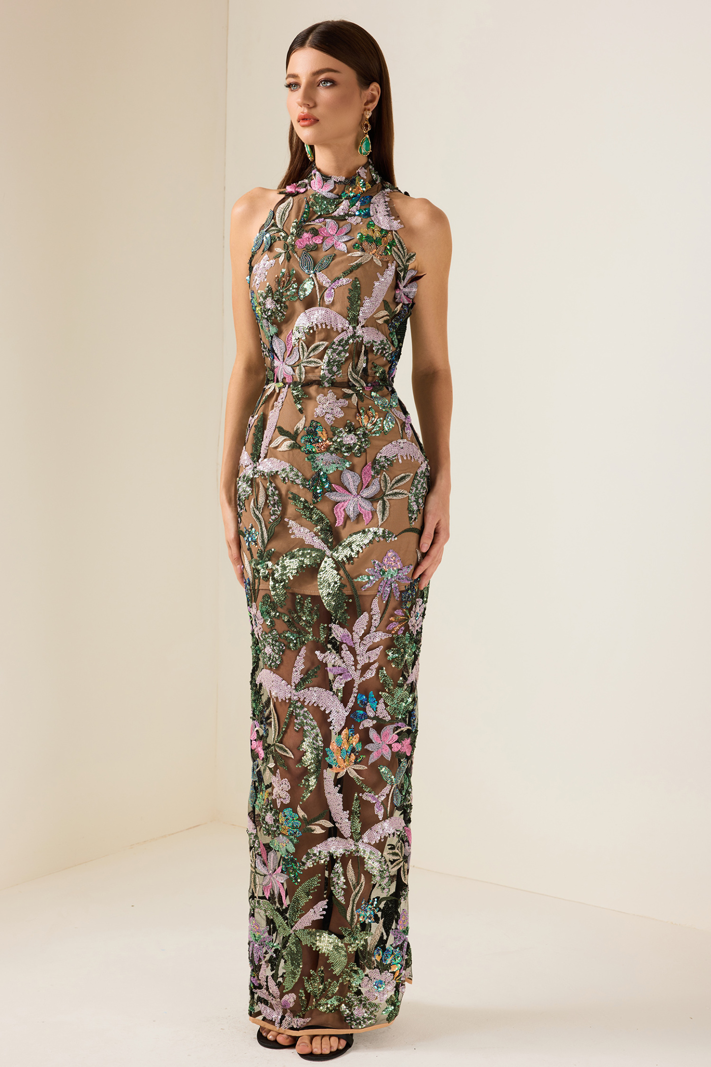 Sequin Embroidered Sleeveless Maxi Dress