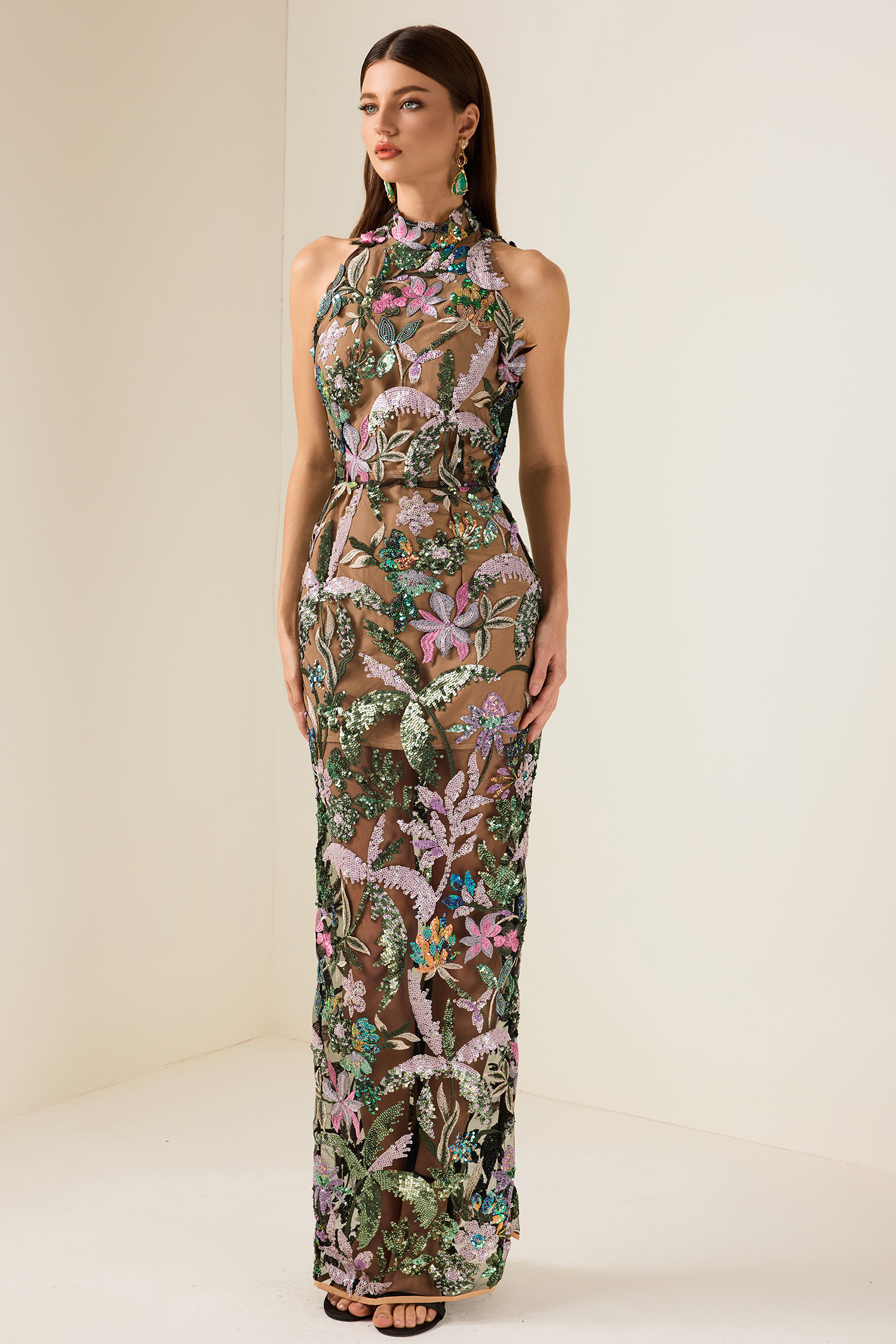 Sequin Embroidered Sleeveless Maxi Dress