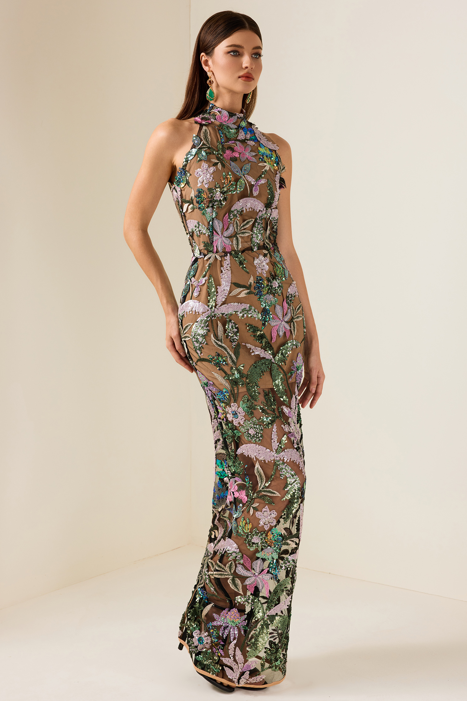 Sequin Embroidered Sleeveless Maxi Dress
