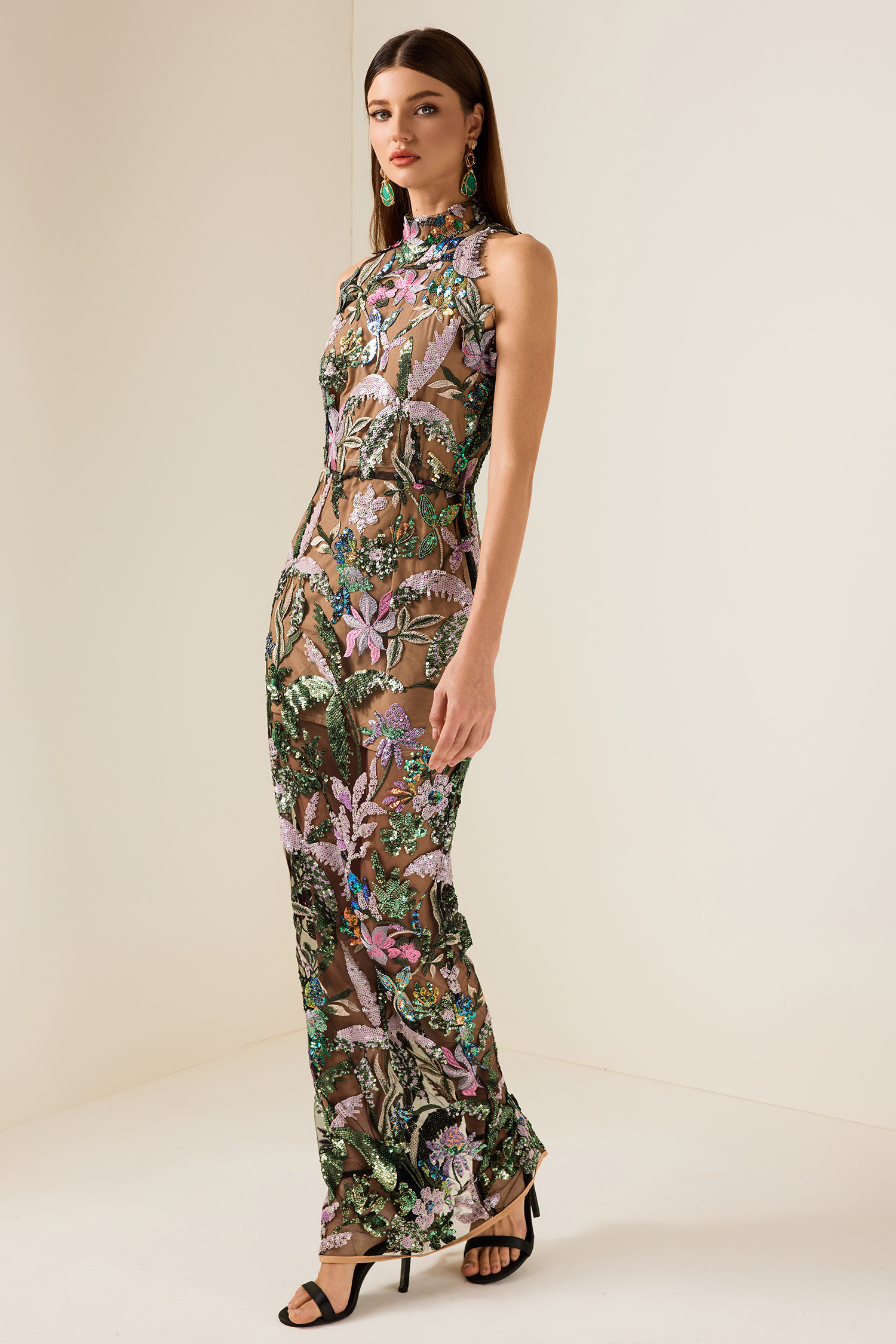 Sequin Embroidered Sleeveless Maxi Dress