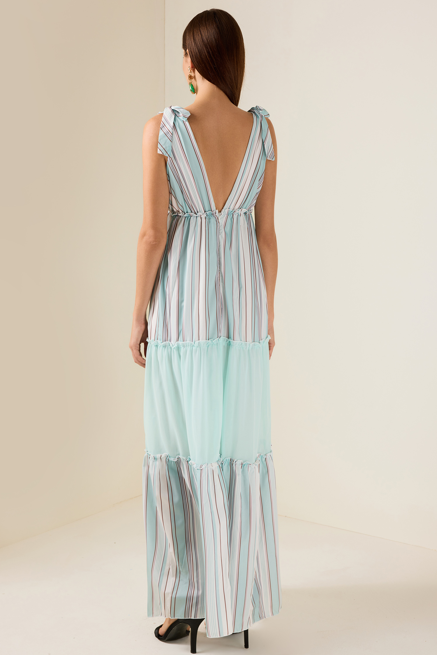 Stripe Splicing V-Neck Midi Dress