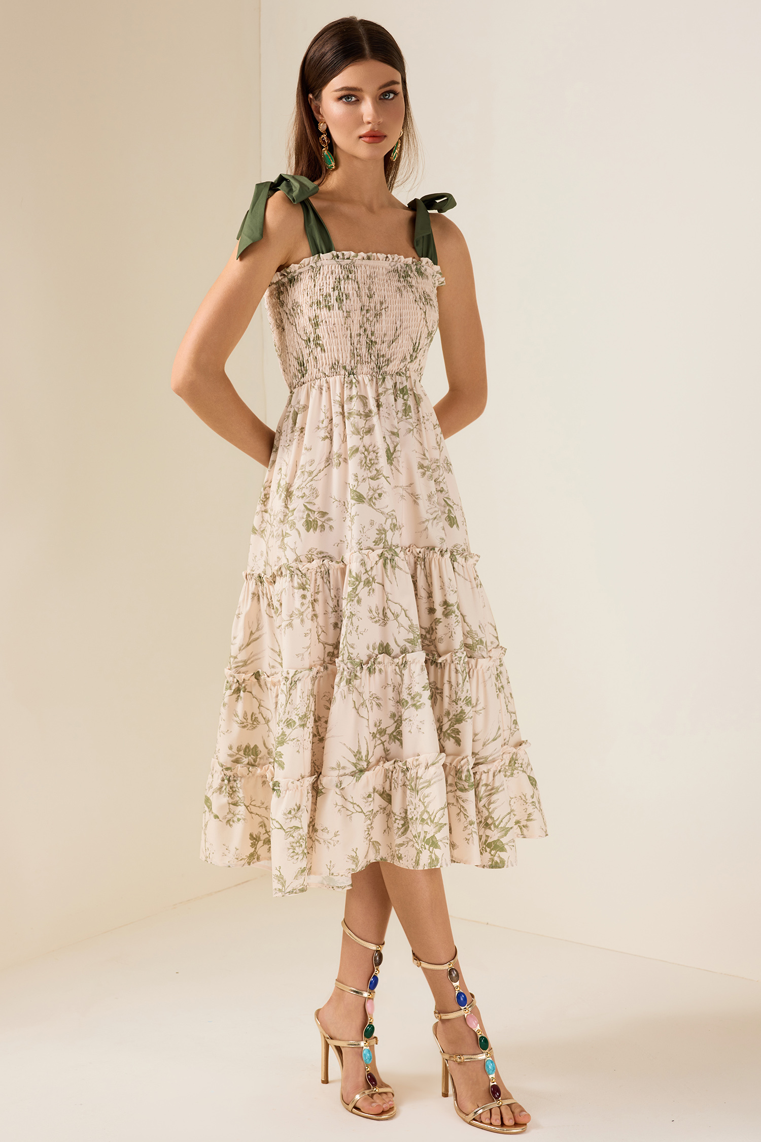Floral Smocking Slip Midi Dress