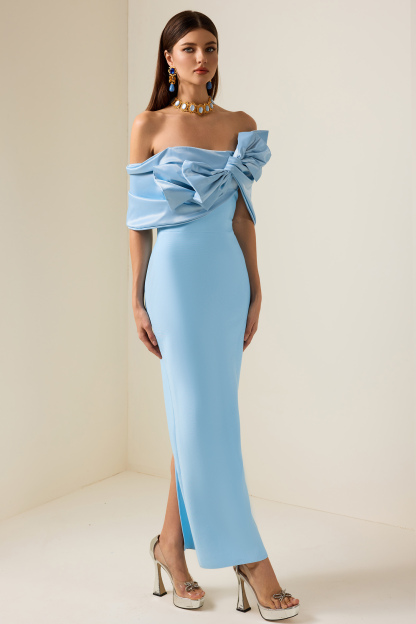 Bow Off Shoulder  Split Maxi Dress