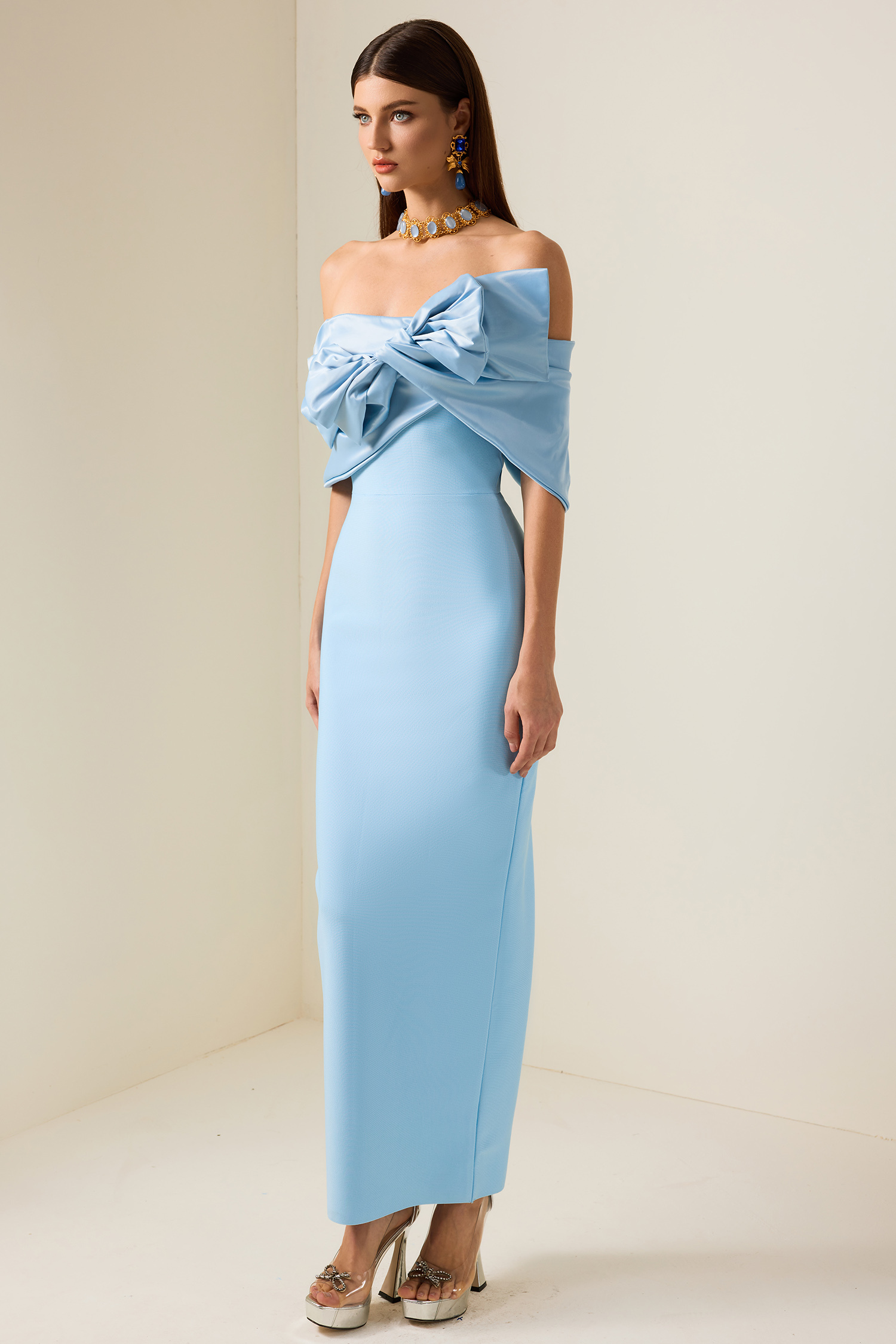 Bow Off Shoulder  Split Maxi Dress