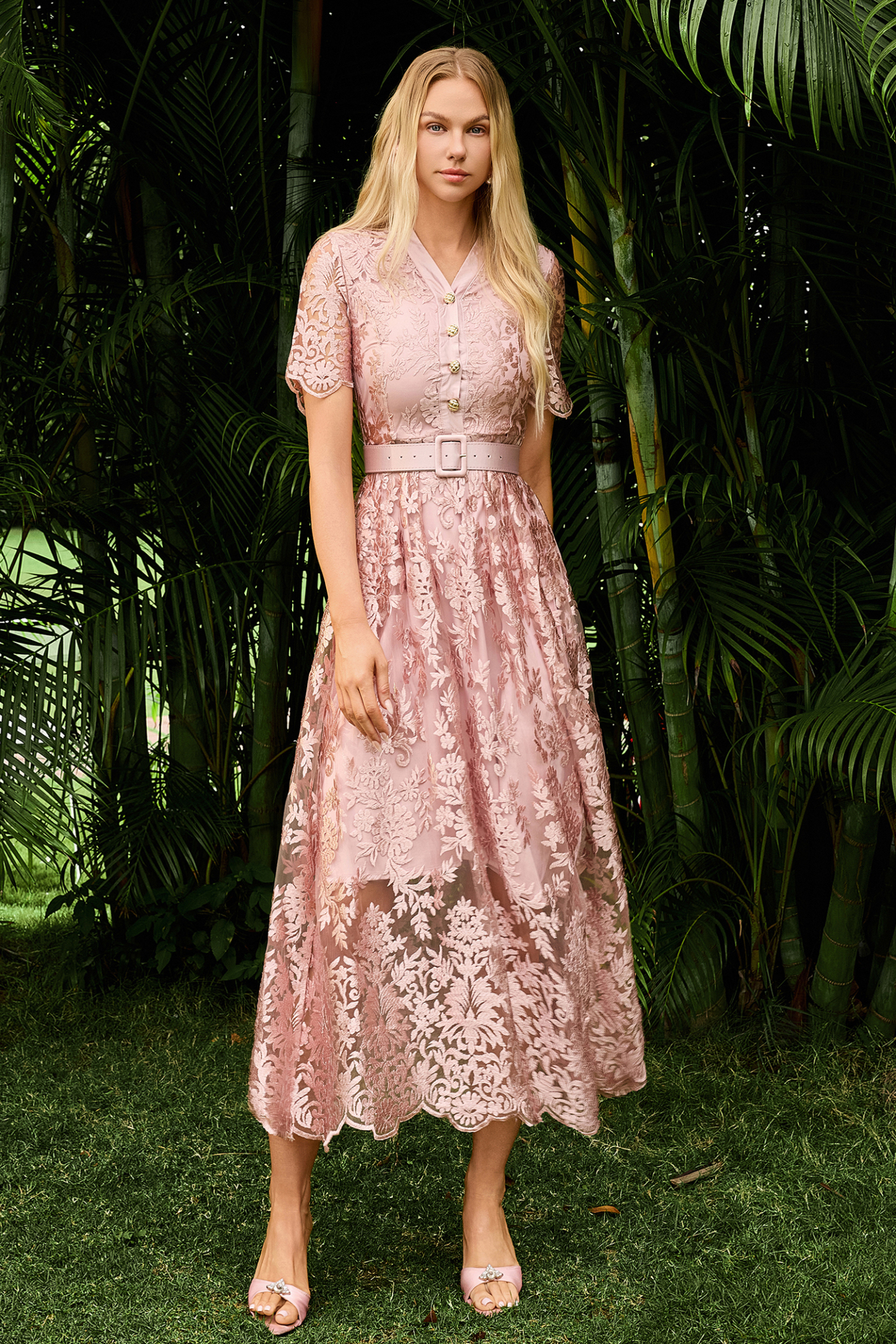 Embroidered Single Breasted Midi Dress With Belt