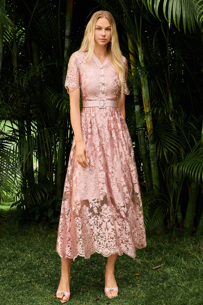 Embroidered Single Breasted Midi Dress With Belt