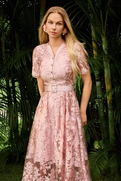 Embroidered Single Breasted Midi Dress With Belt