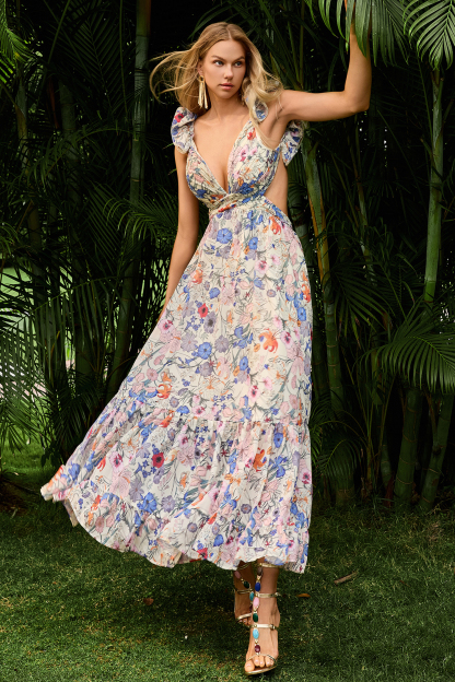 Floral Pleated Backless Lace Up Maxi Dress
