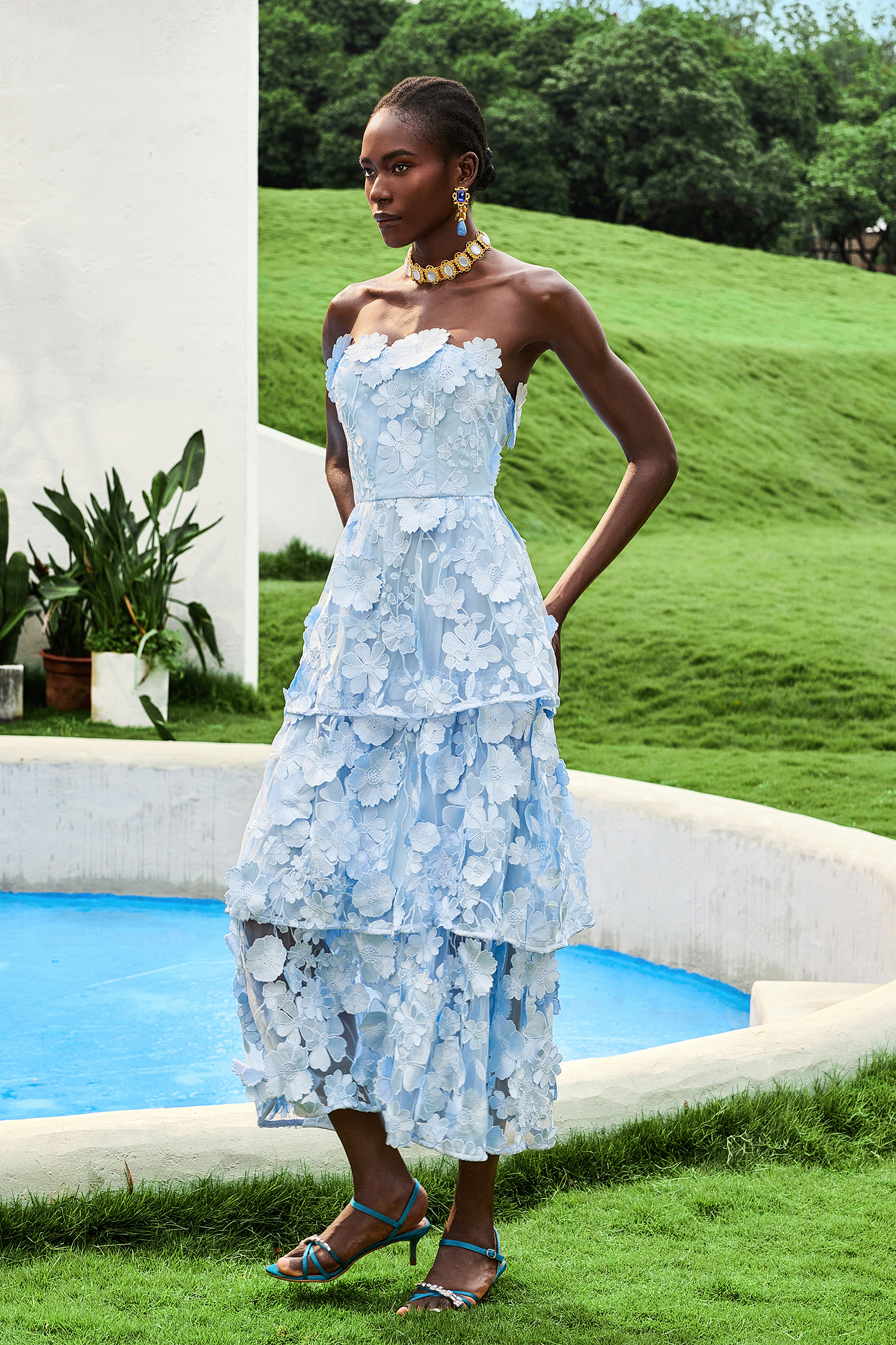 Embroidered Ruffle Off-Shoulder Midi Dress