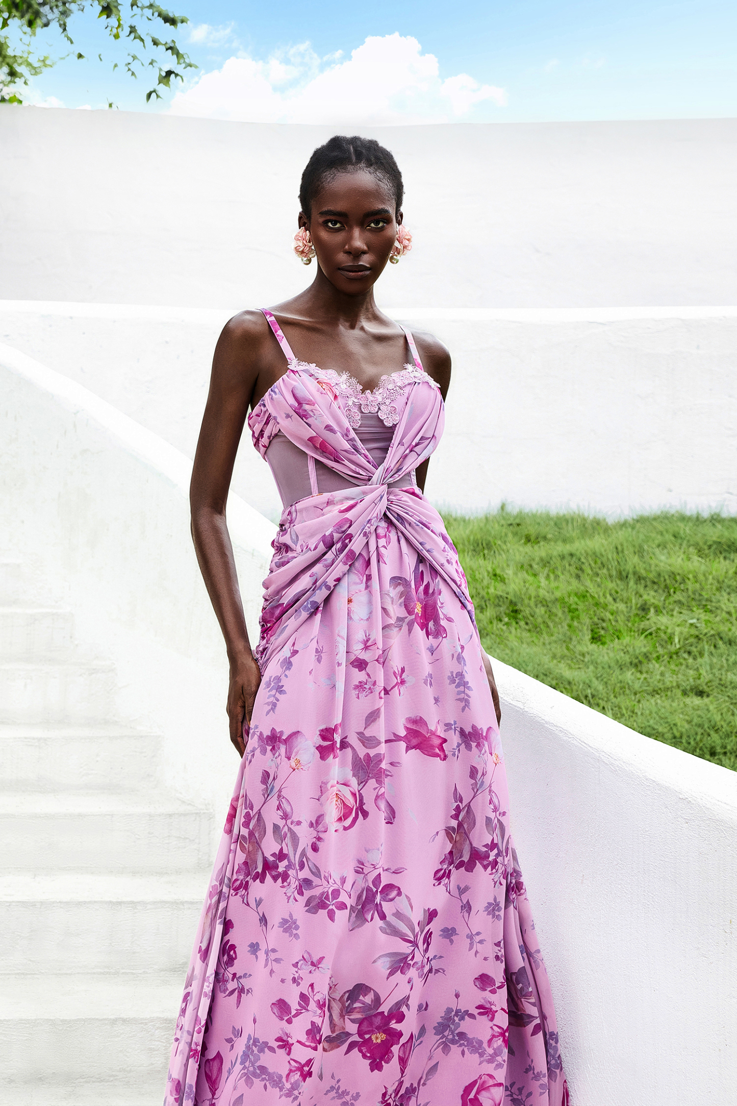 Lace Splicing Knotted Maxi Dress