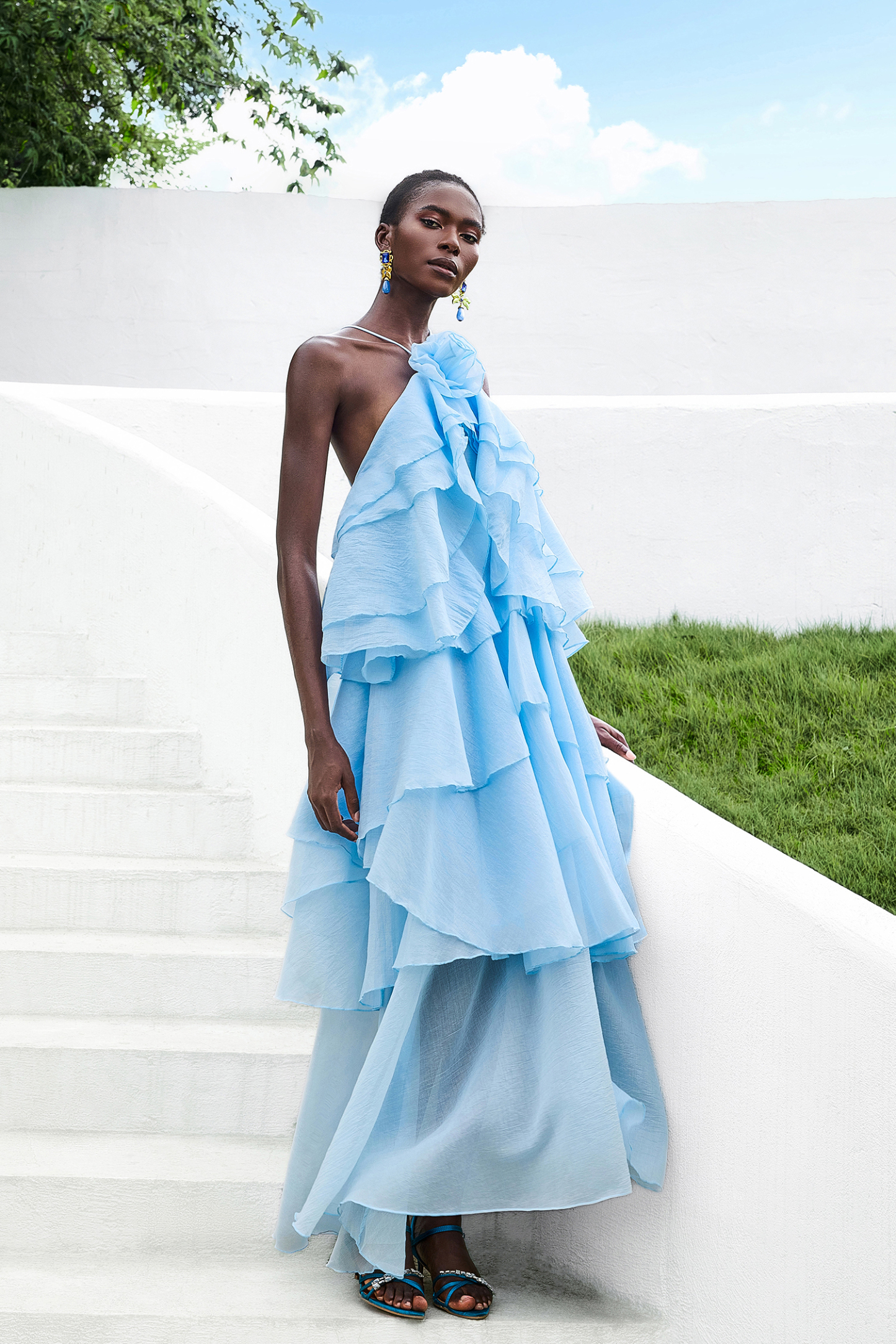 3D Flower Halter Neck Frill Maxi Dress