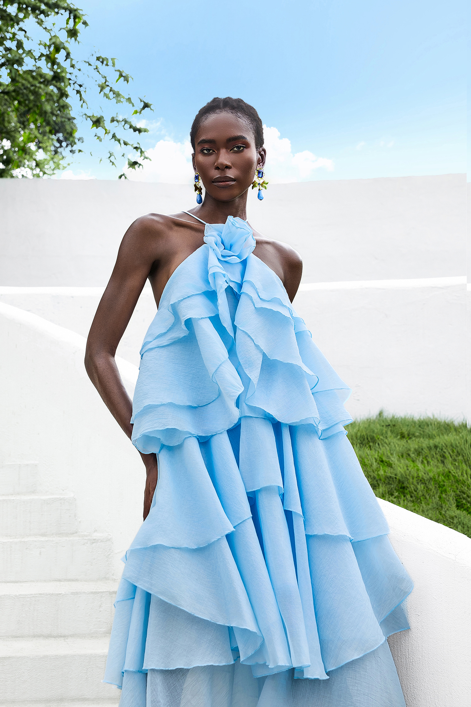3D Flower Halter Neck Frill Maxi Dress