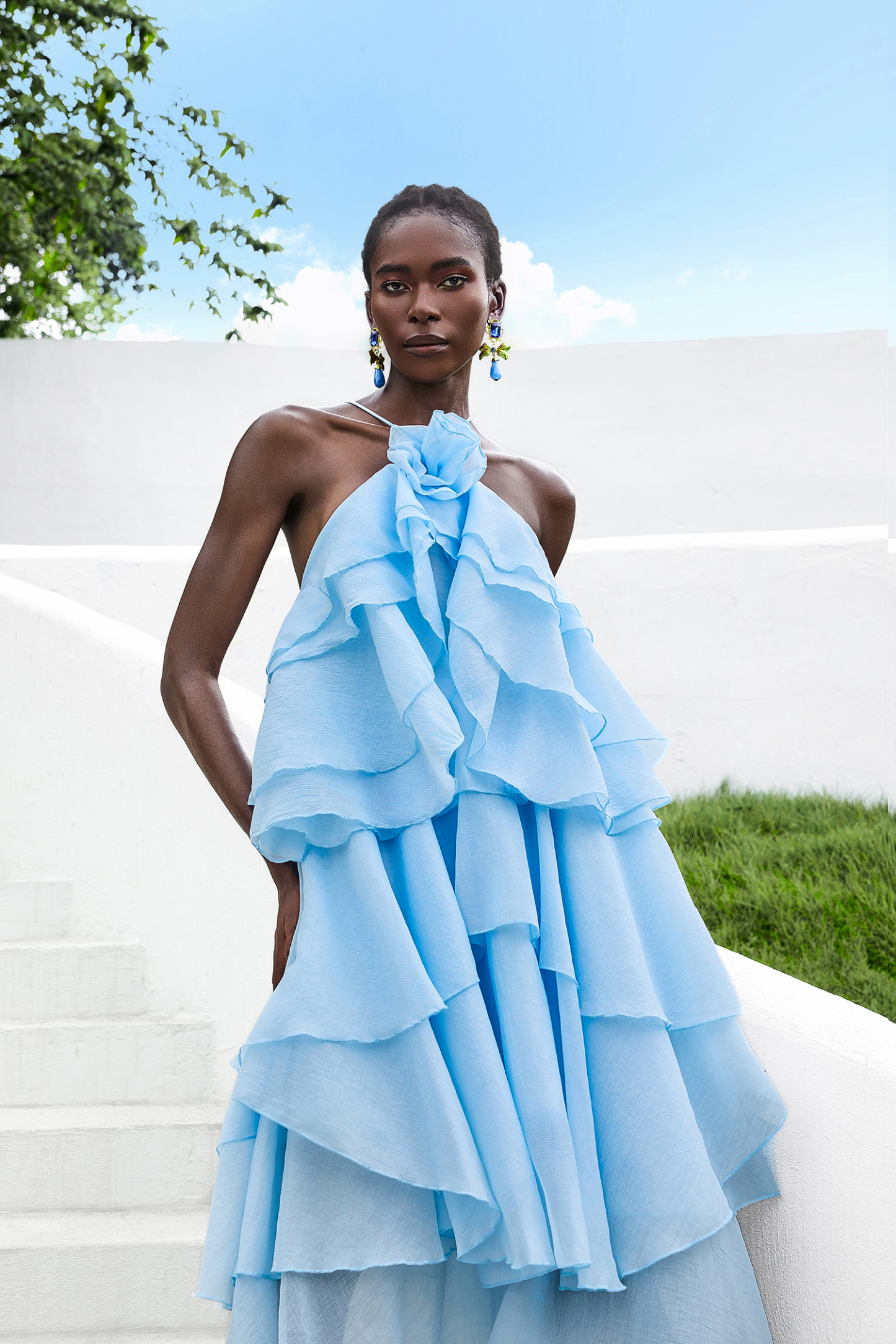3D Flower Halter Neck Frill Maxi Dress