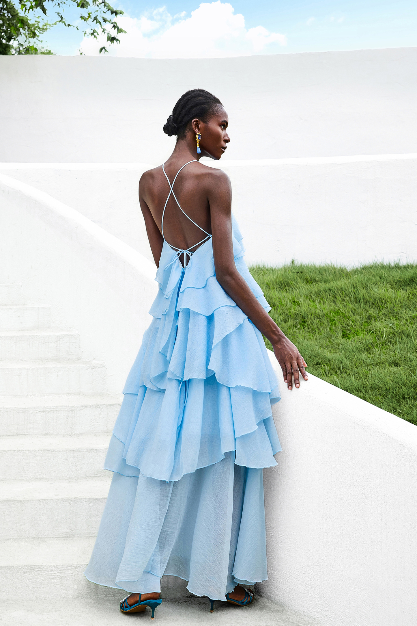 3D Flower Halter Neck Frill Maxi Dress
