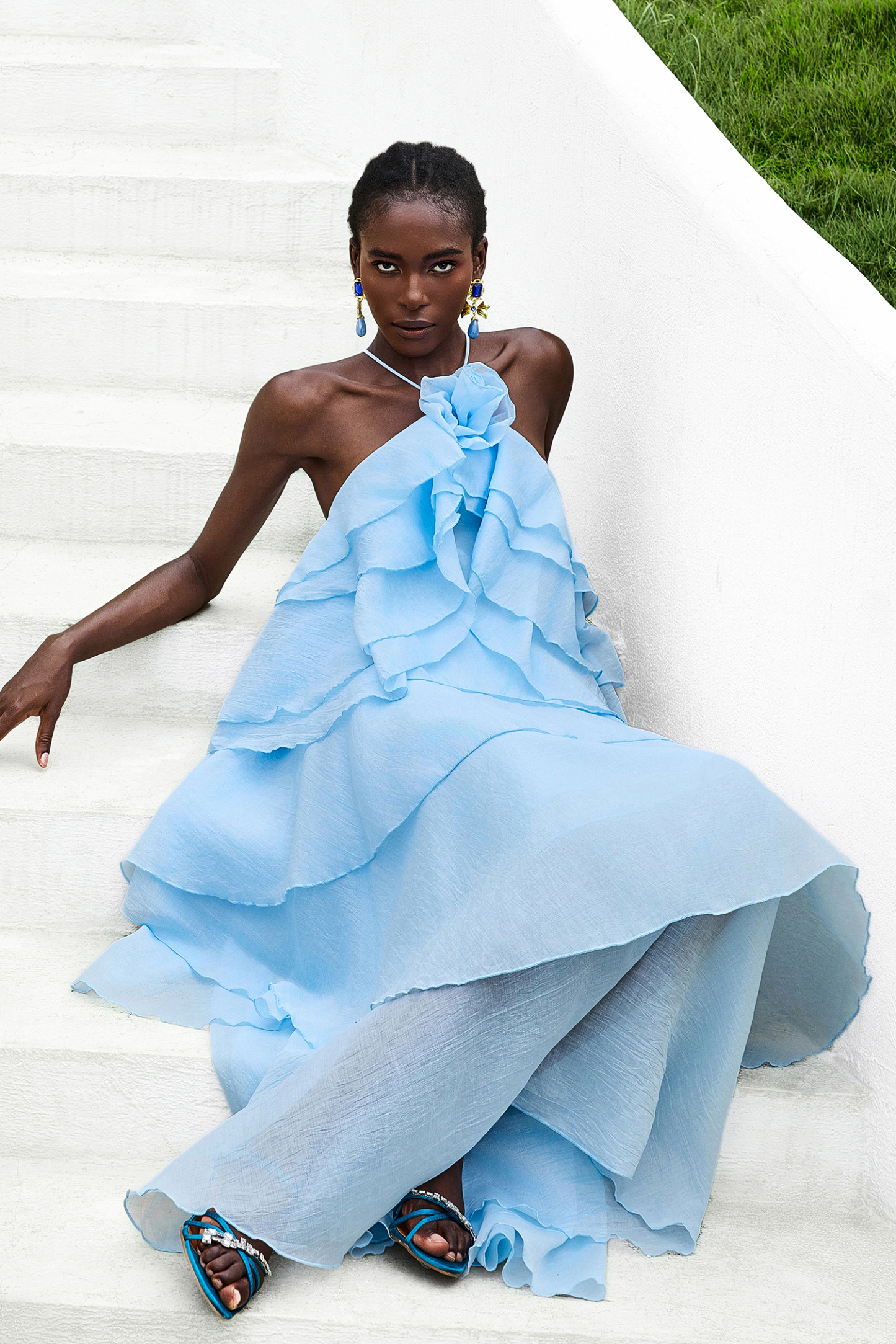 3D Flower Halter Neck Frill Maxi Dress