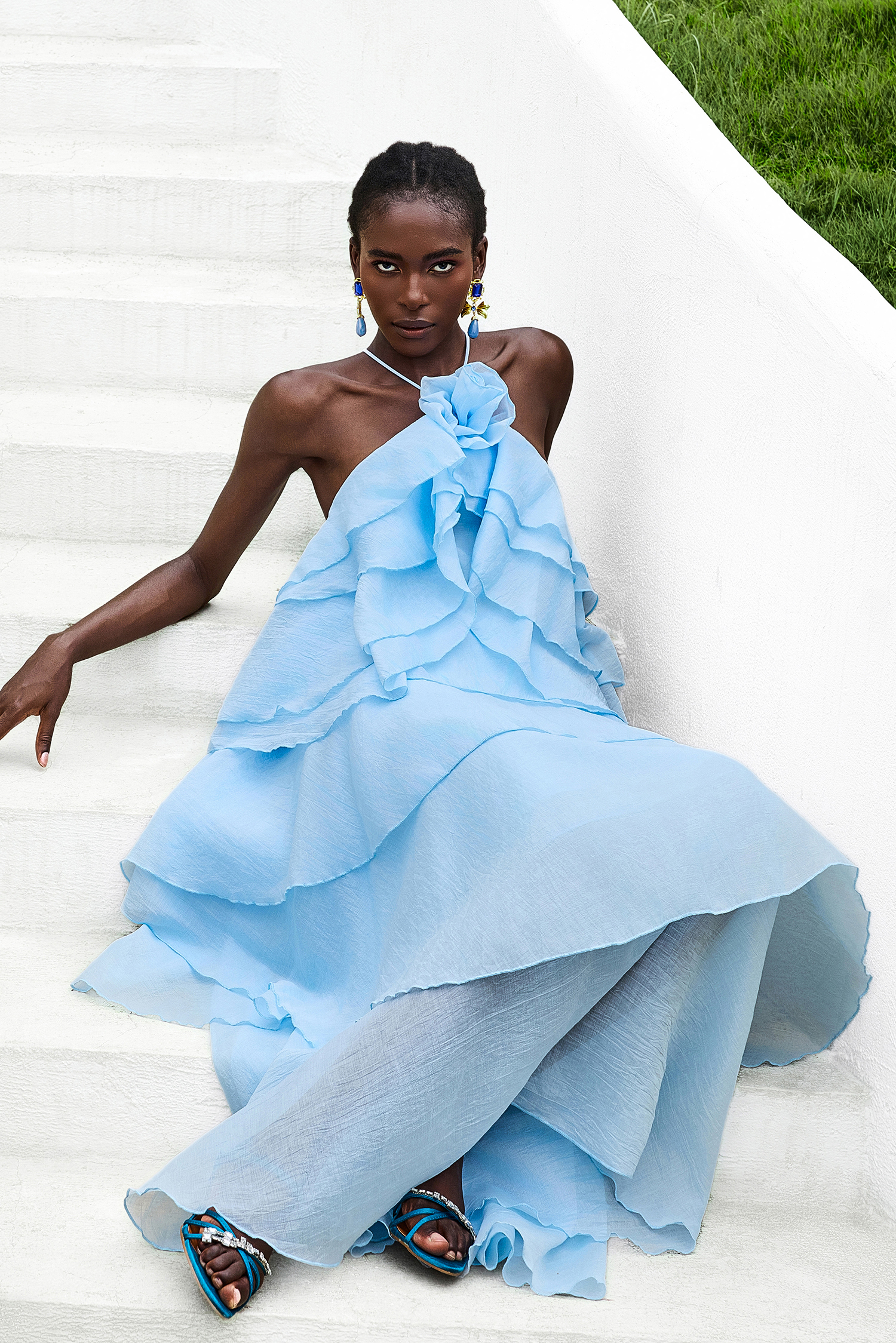 3D Flower Halter Neck Frill Maxi Dress