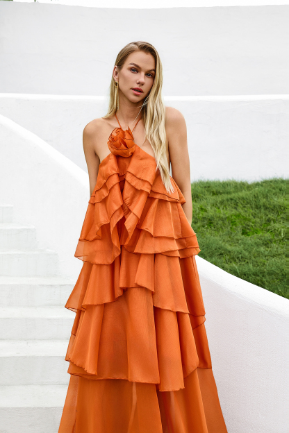 3D Flower Halter Neck Frill Maxi Dress