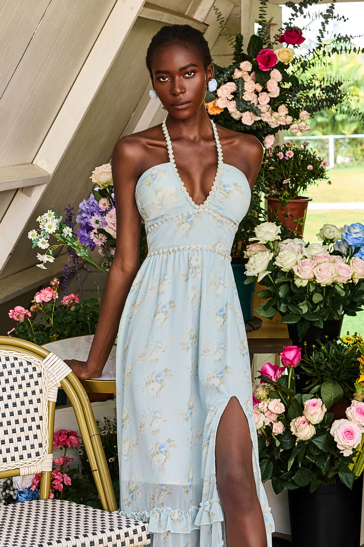 Floral Faux Pearl Frill Split Maxi Dress