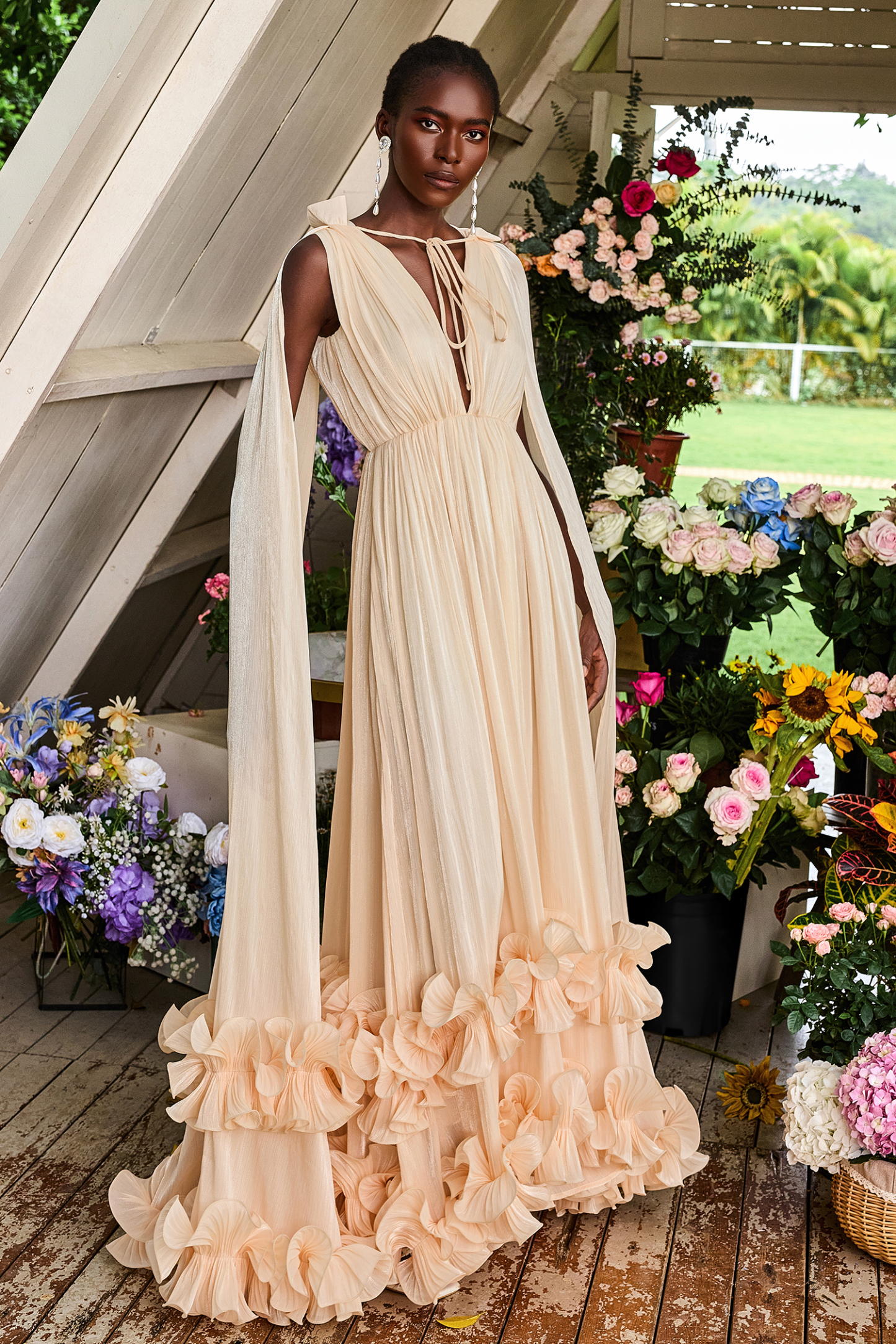 Satin Deep V-Neck Cape Sleeve Midi Dress