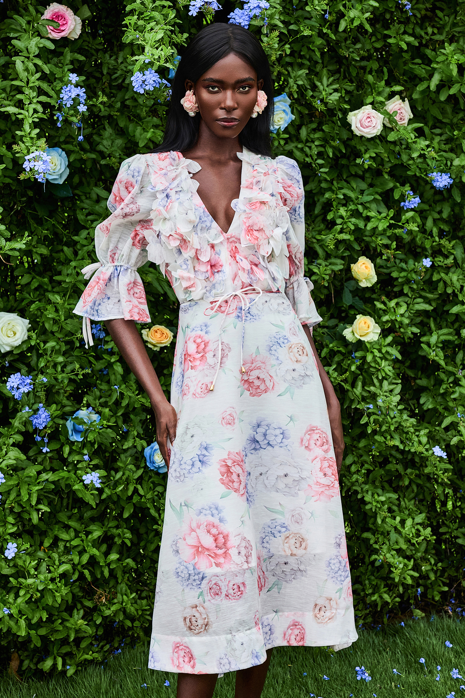 3D Flower Floral Lantern Sleeve Midi Dress
