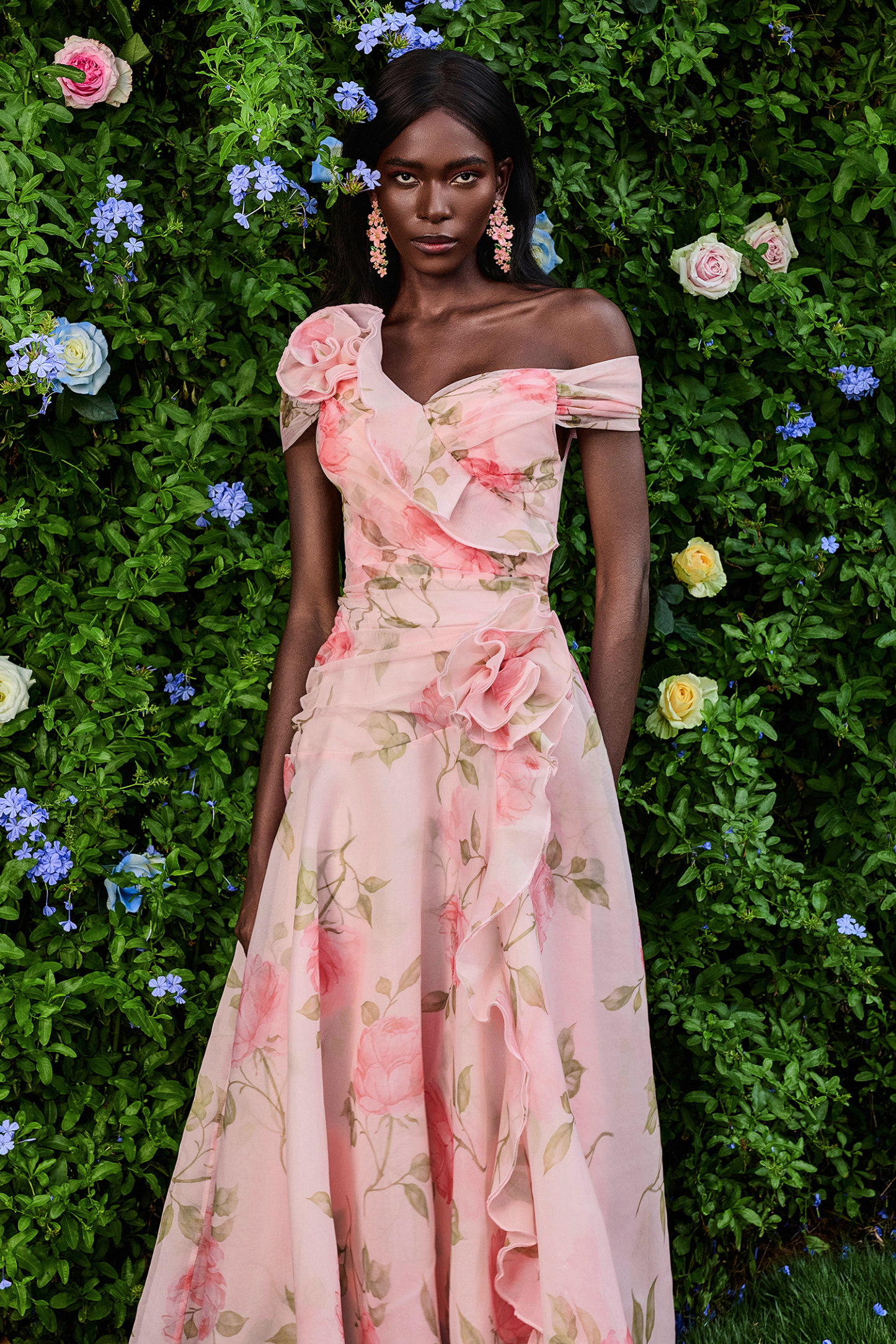 3D Flower Frill Chiffon Maxi Dress