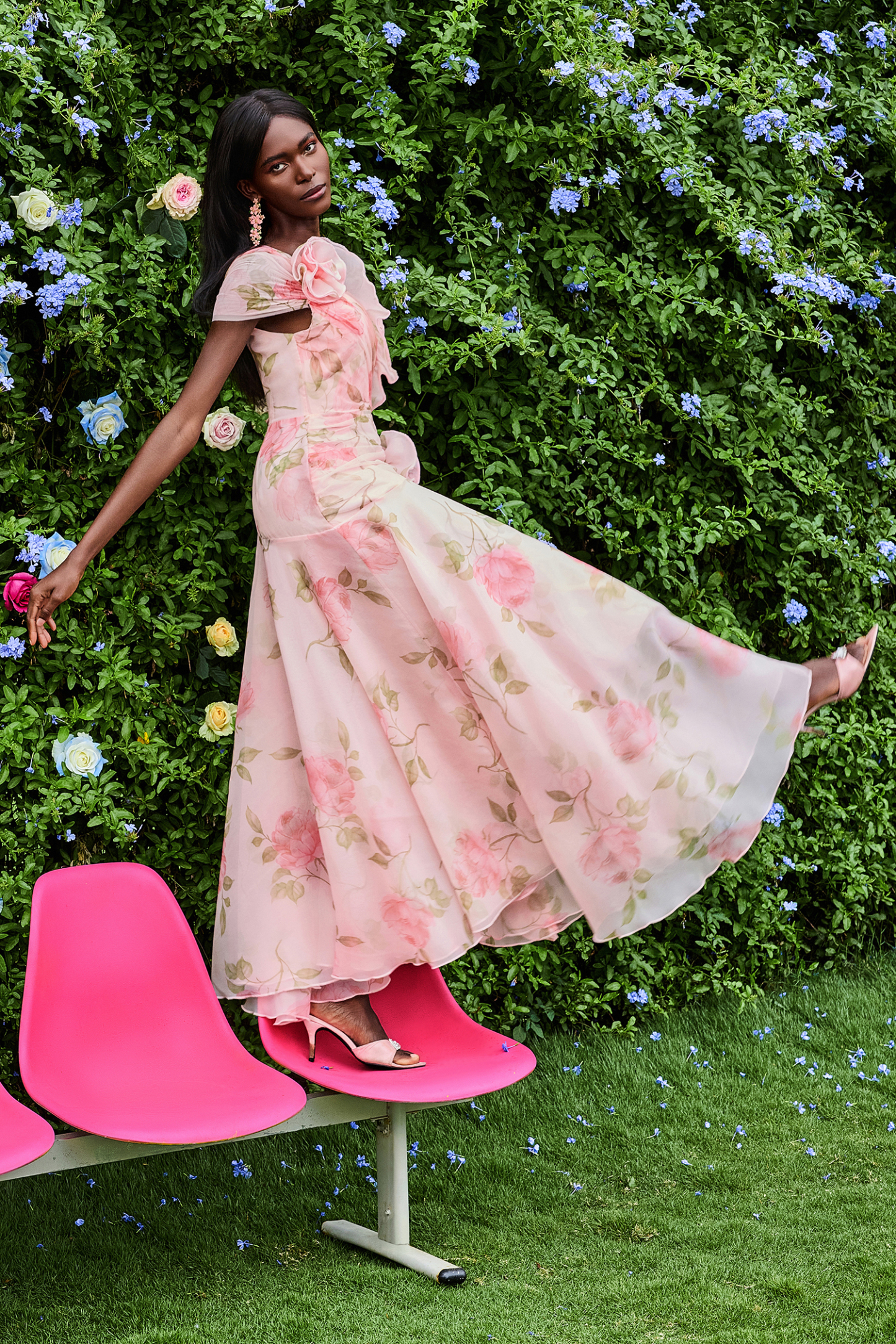 3D Flower Frill Chiffon Maxi Dress