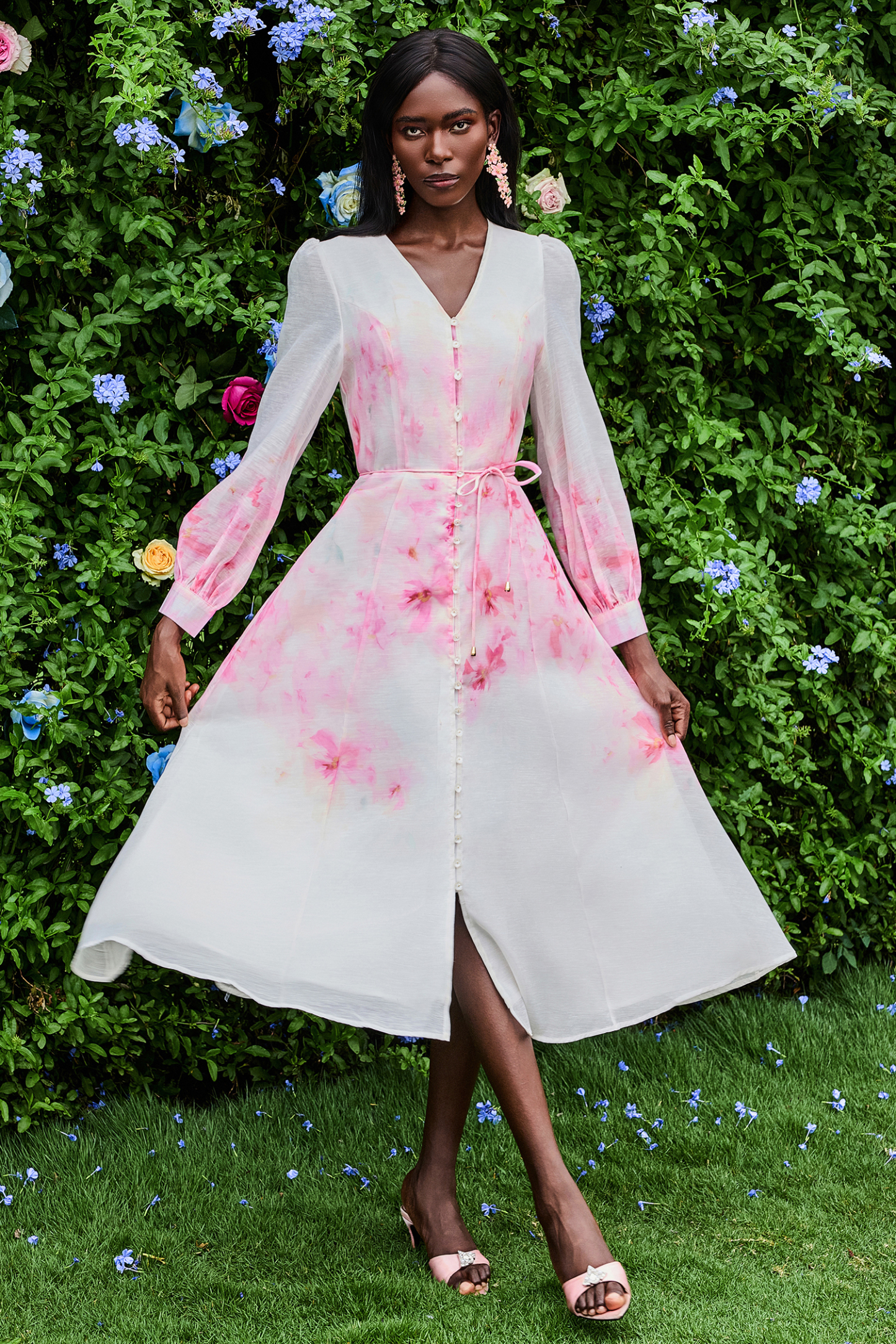 Floral Single Breasted Lantern Sleeve Midi Dress