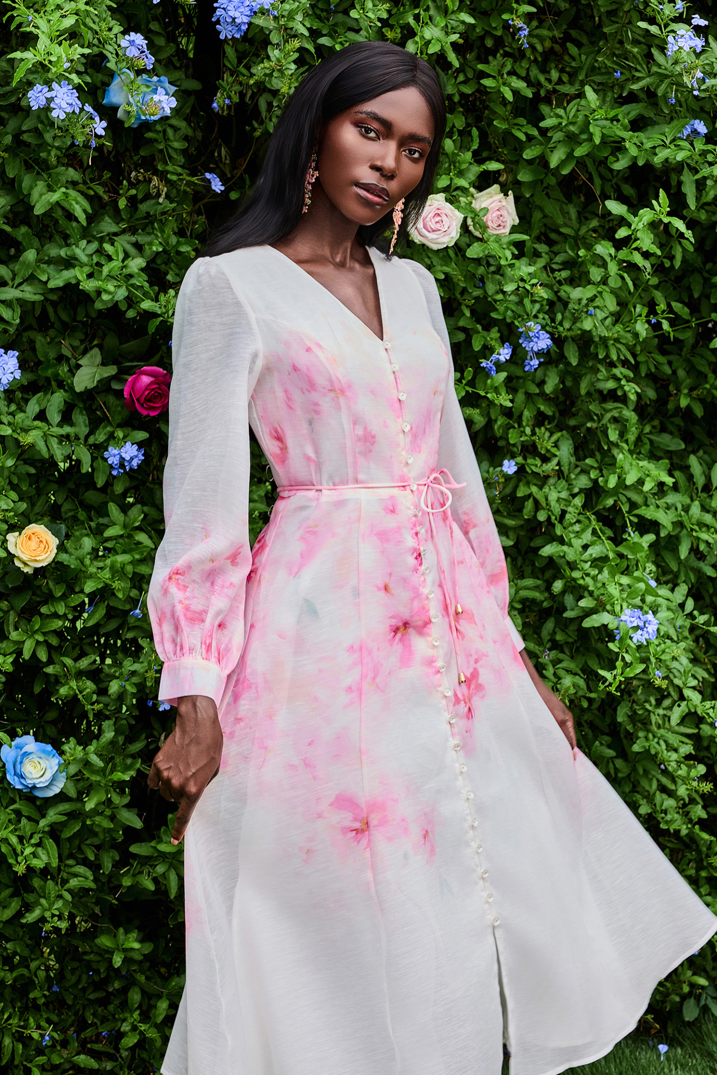 Floral Single Breasted Lantern Sleeve Midi Dress