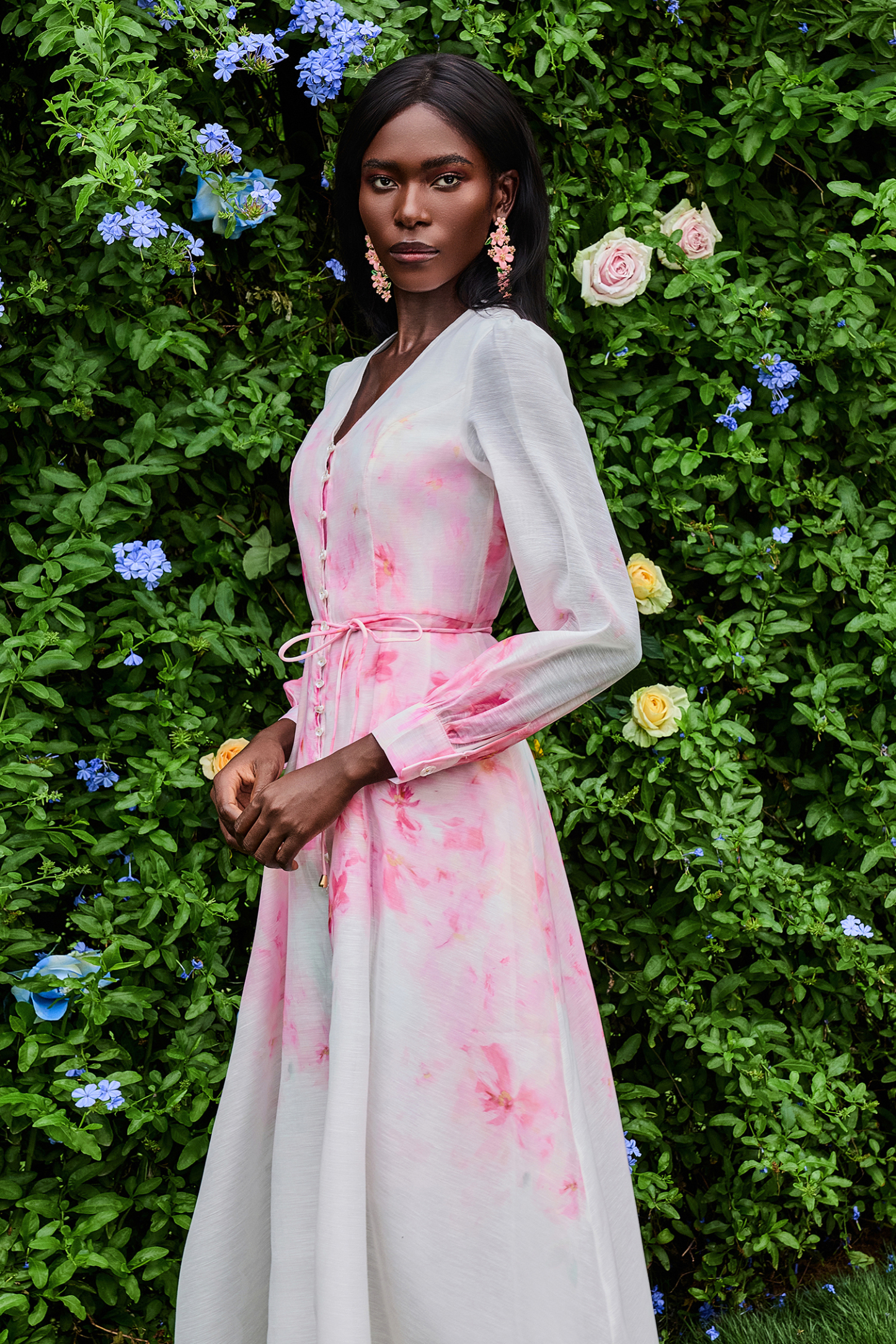 Floral Single Breasted Lantern Sleeve Midi Dress