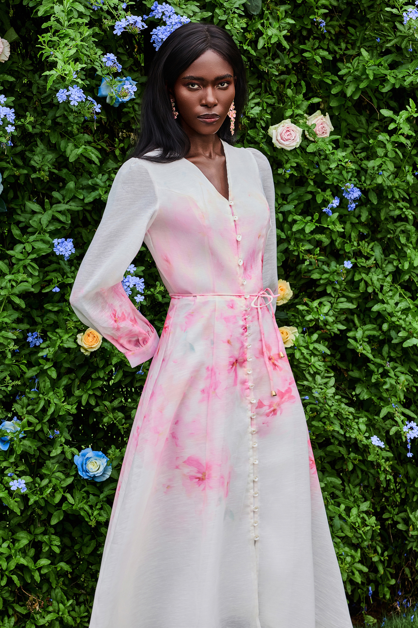 Floral Single Breasted Lantern Sleeve Midi Dress
