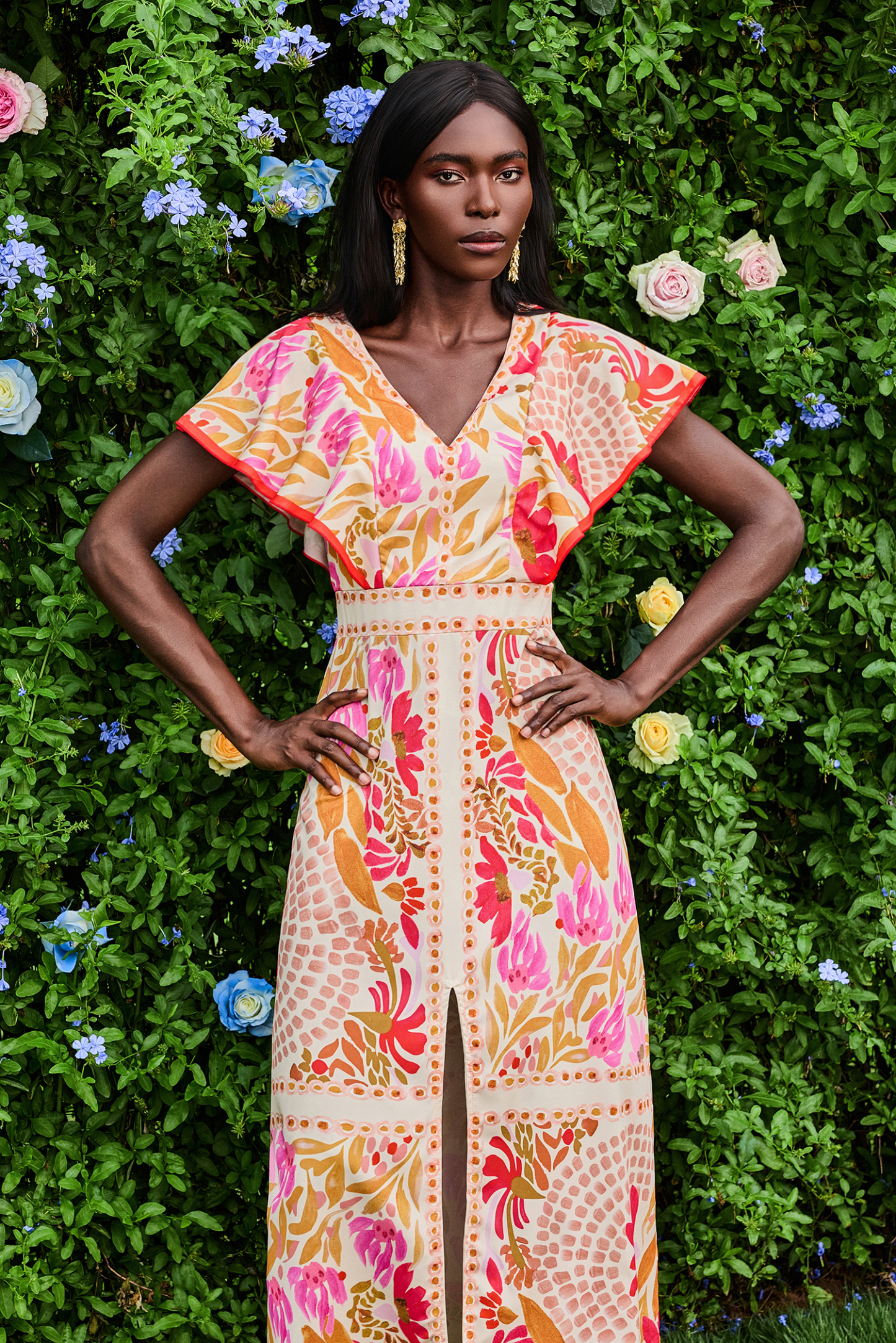 Floral V-Neck Split Backless Midi Dress