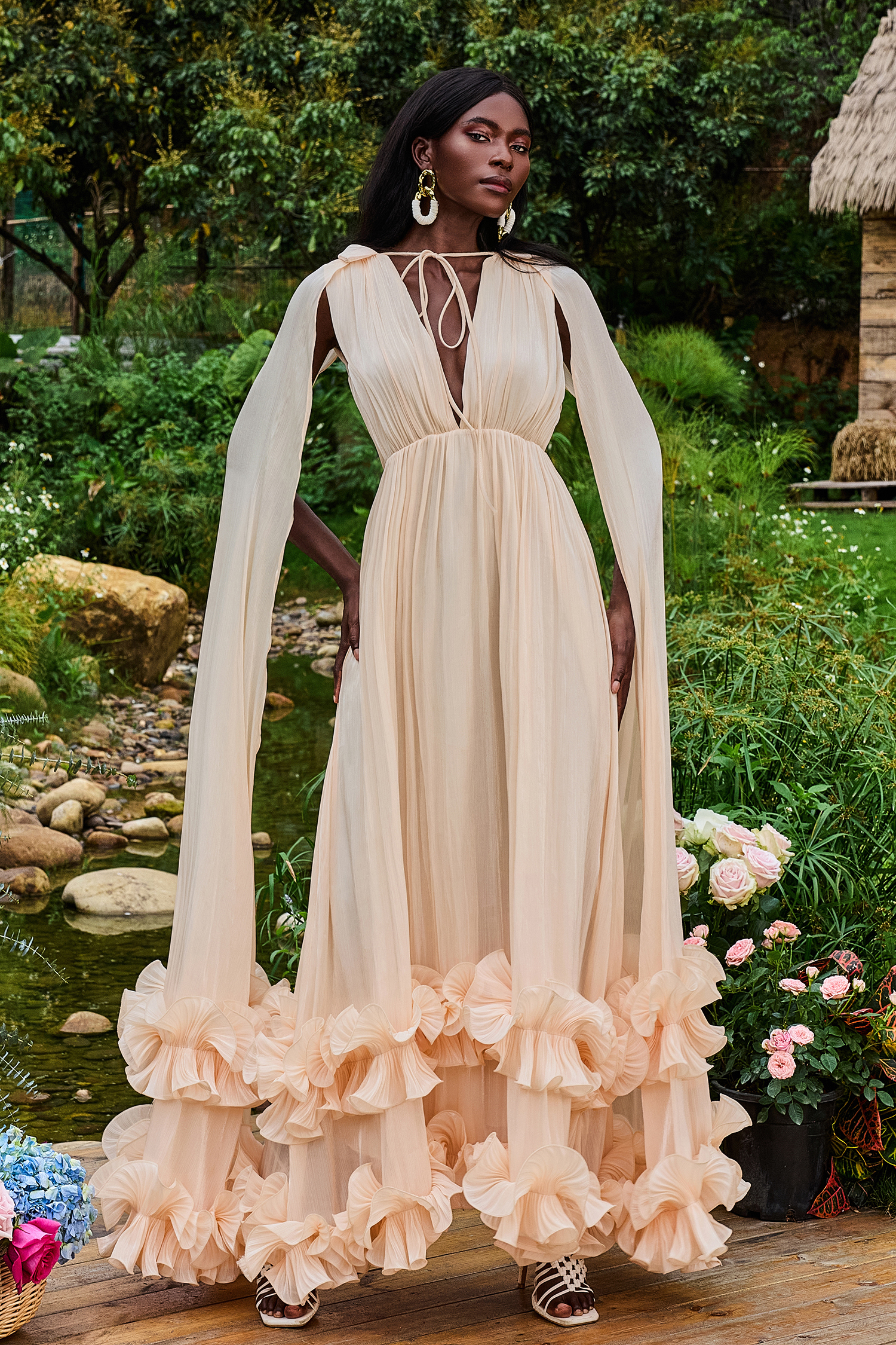 Satin Deep V-Neck Cape Sleeve Midi Dress