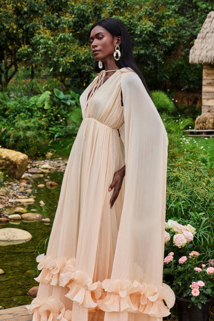 Satin Deep V-Neck Cape Sleeve Midi Dress