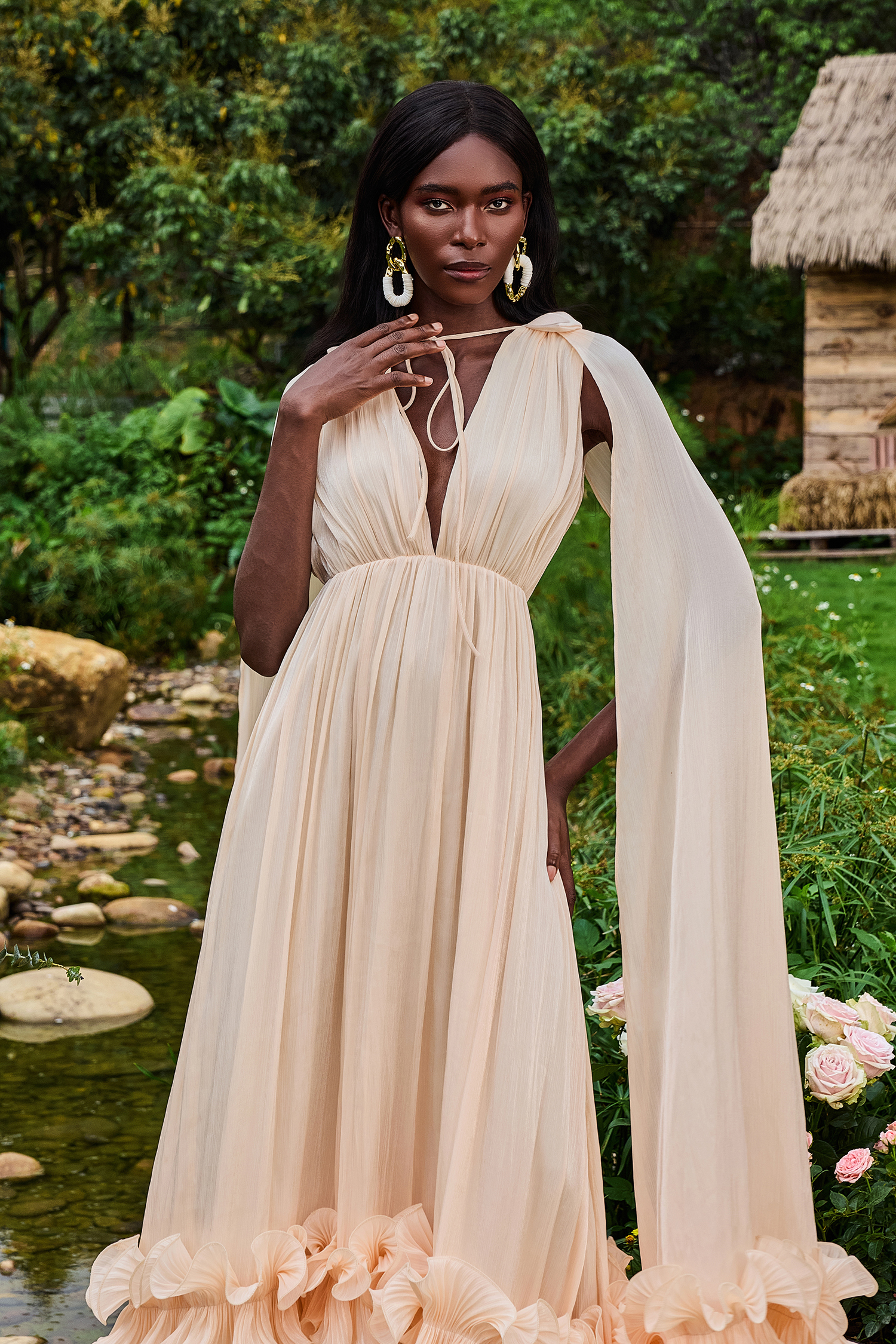 Satin Deep V-Neck Cape Sleeve Midi Dress