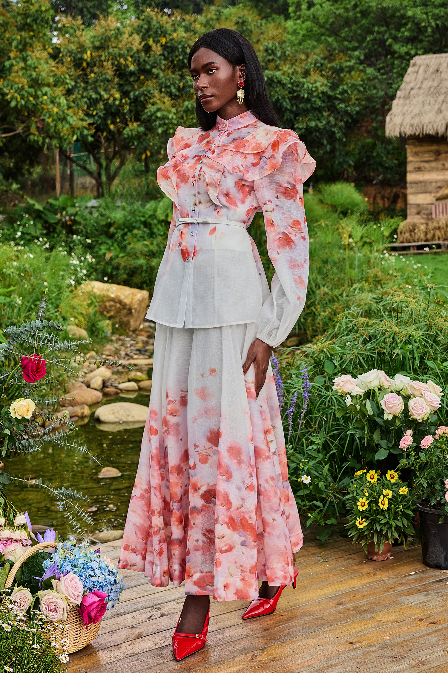 Floral Lantern Sleeve Stand Collar Top & Mid Waist Skirt Set