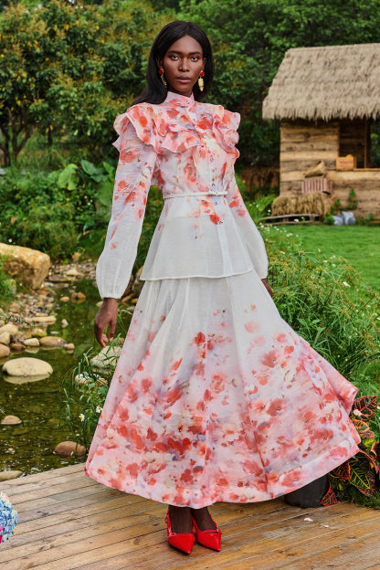Floral Lantern Sleeve Stand Collar Top & Mid Waist Skirt Set