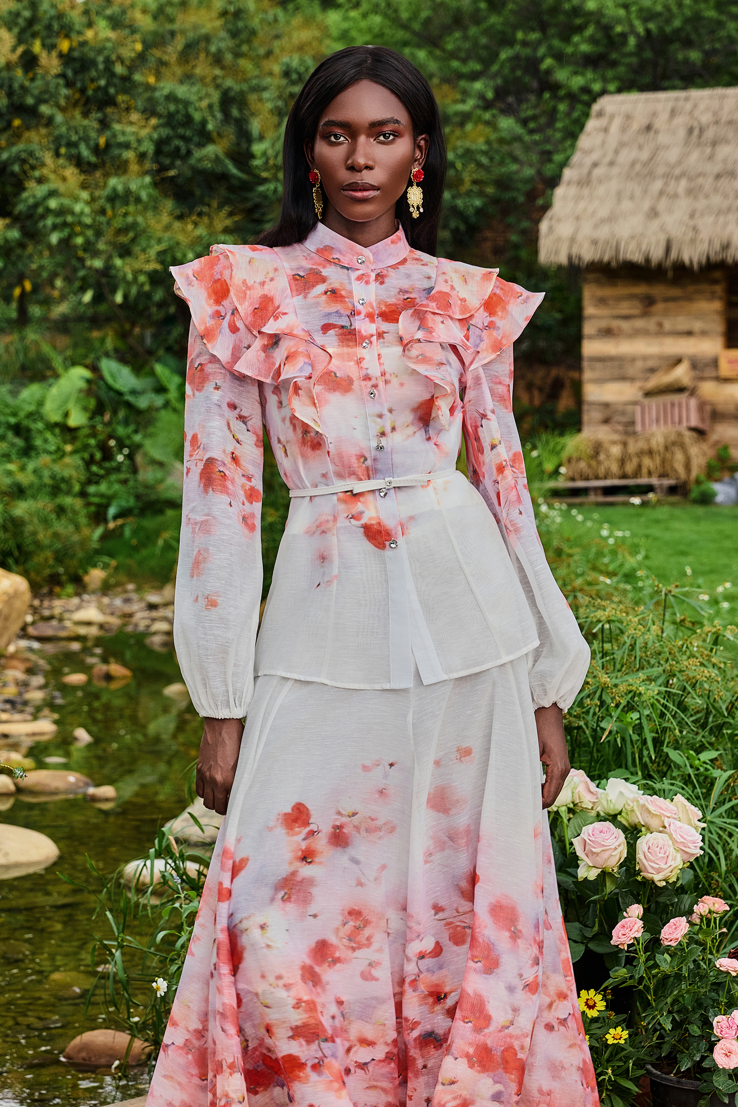 Floral Lantern Sleeve Stand Collar Top & Mid Waist Skirt Set