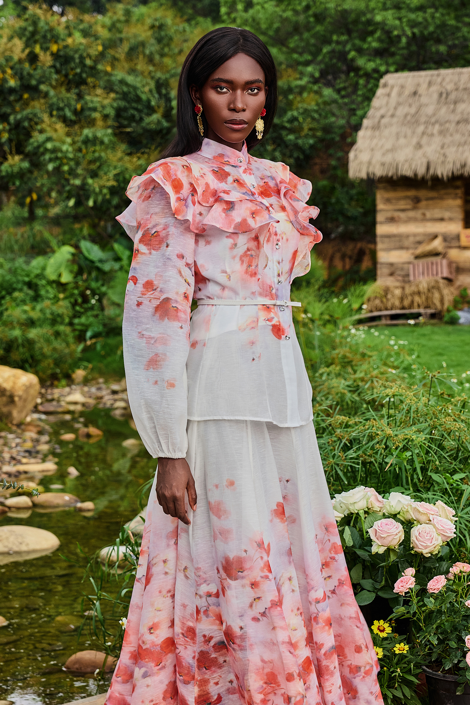 Floral Lantern Sleeve Stand Collar Top & Mid Waist Skirt Set