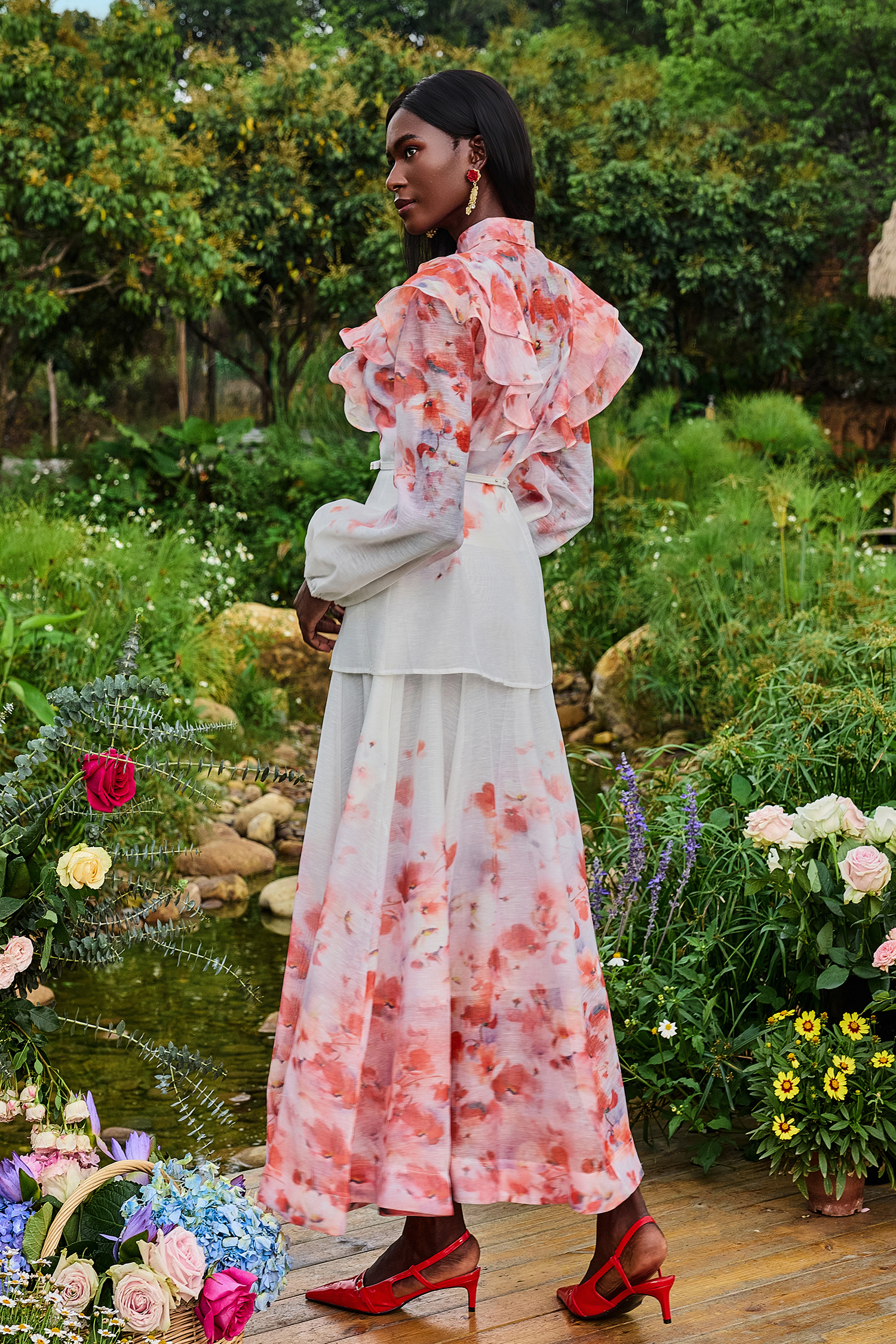 Floral Lantern Sleeve Stand Collar Top & Mid Waist Skirt Set