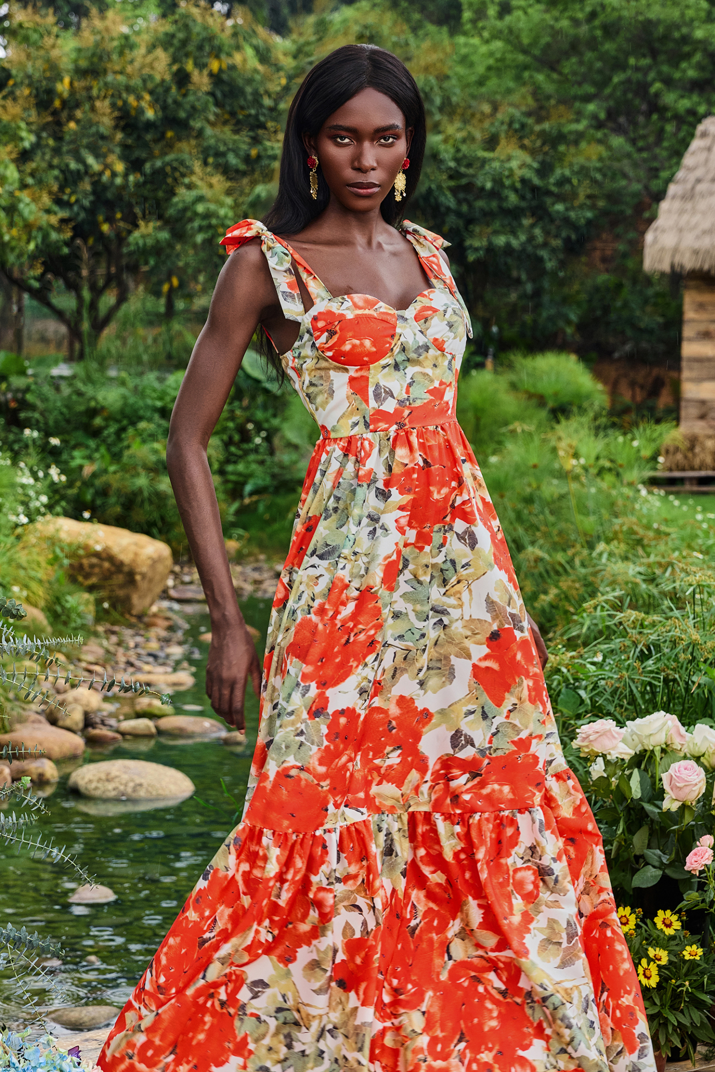 Floral Lace-Up Sweetheart Neck Midi Dress
