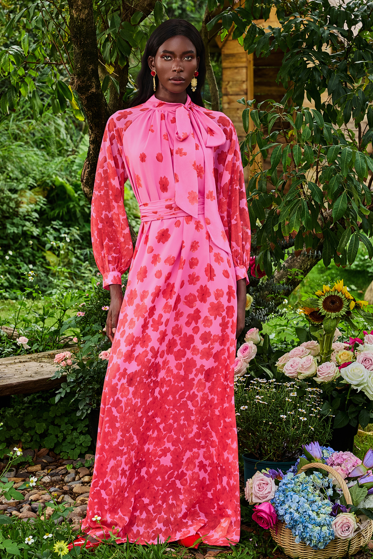 Floral Lantern Sleeve Lace Up Maxi Dress