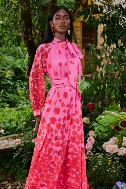 Floral Lantern Sleeve Lace Up Maxi Dress