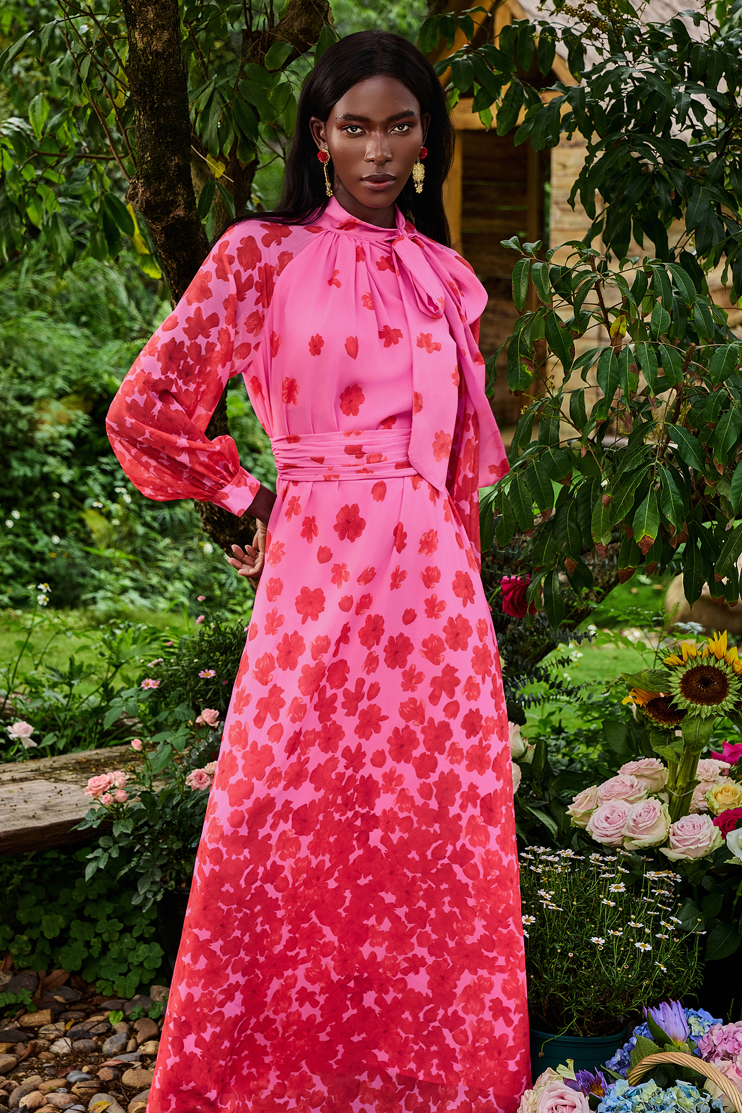 Floral Lantern Sleeve Lace Up Maxi Dress