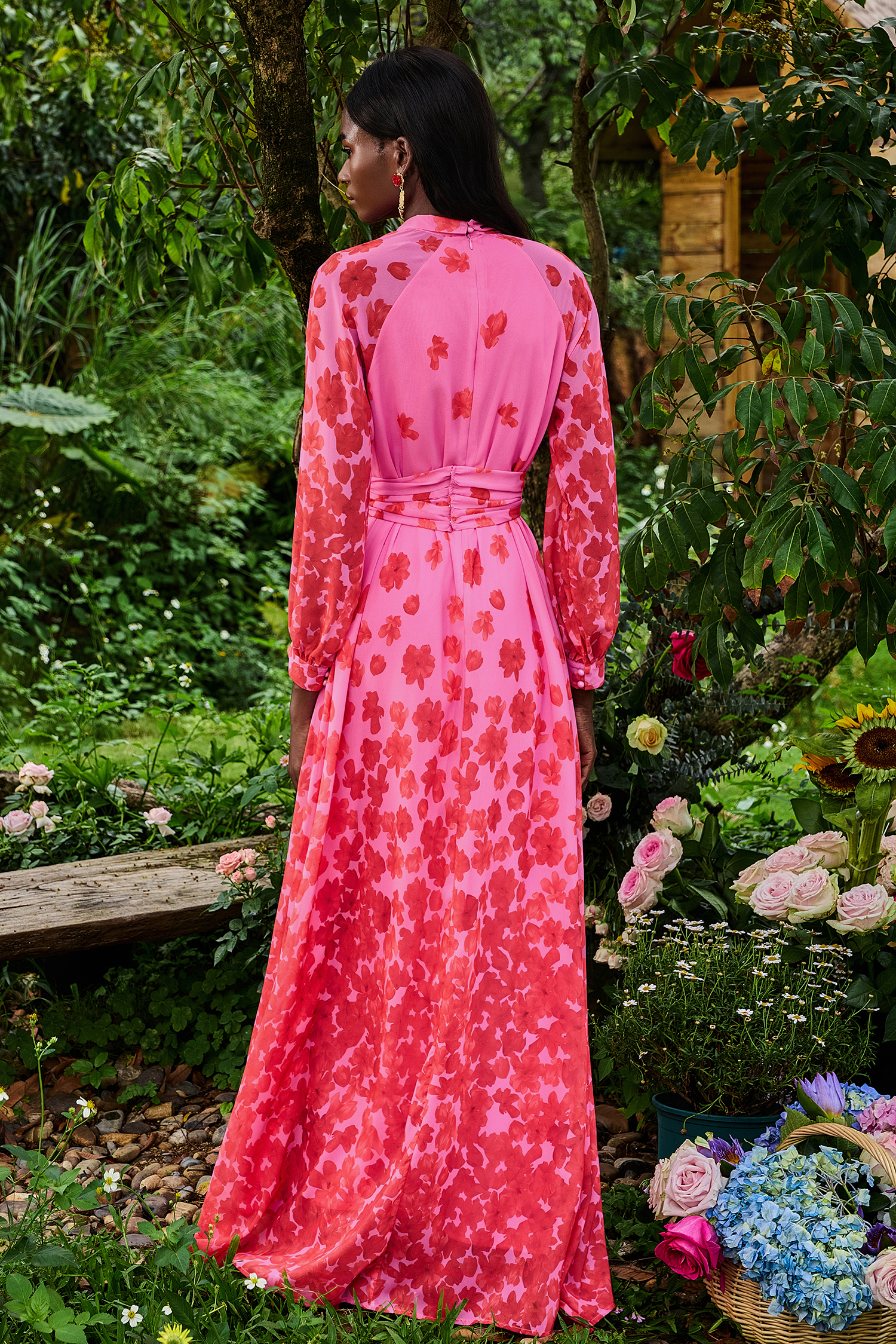 Floral Lantern Sleeve Lace Up Maxi Dress