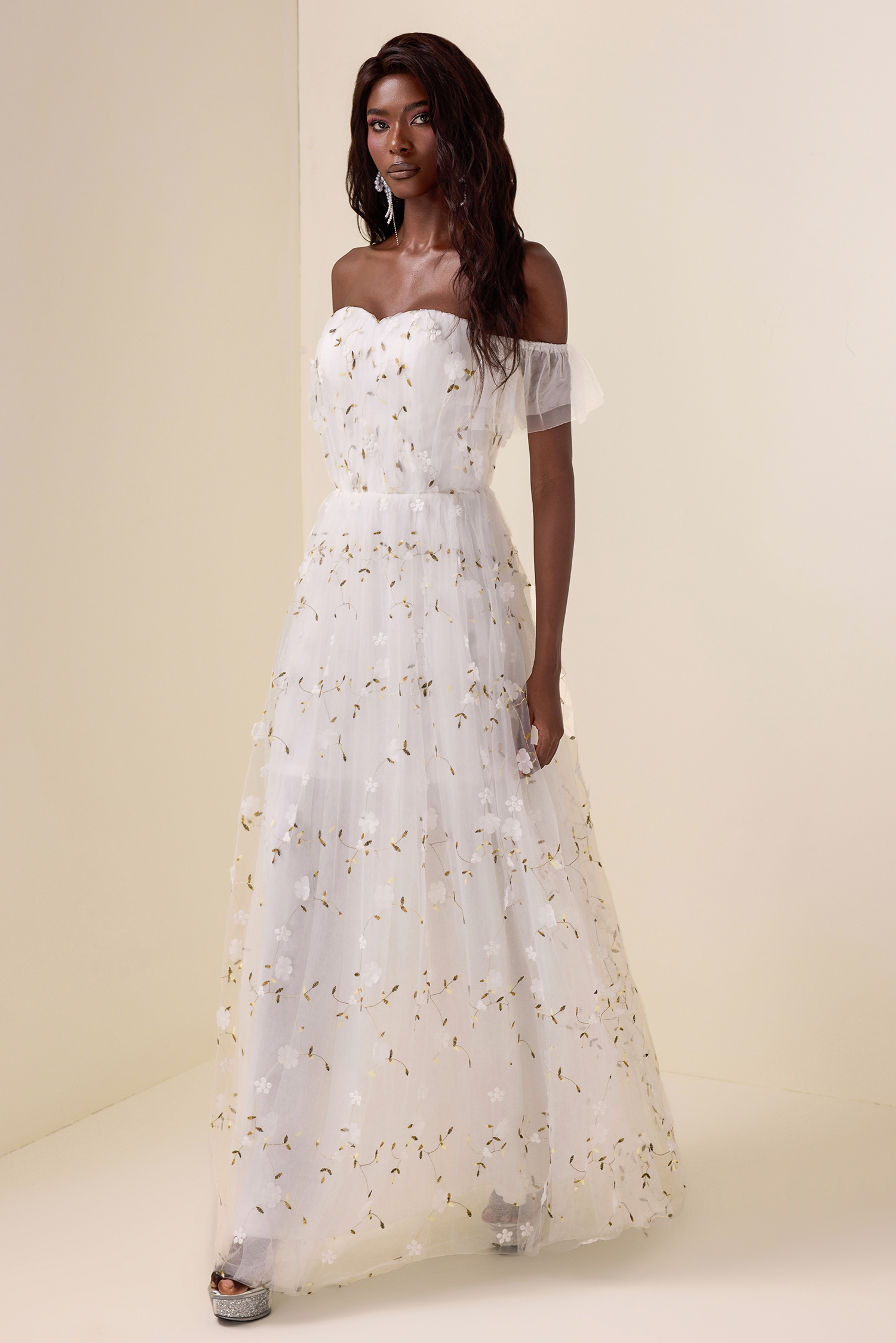 Mesh Embroidered Off-Shoulder Maxi Dress