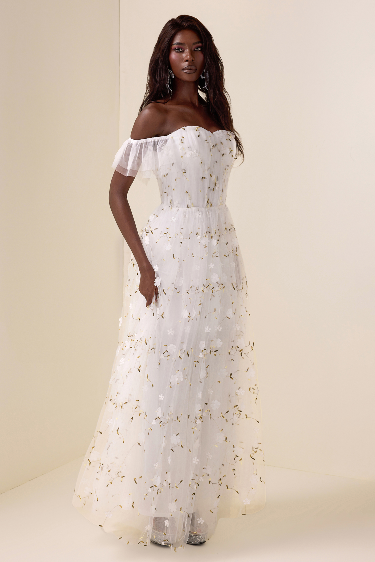 Mesh Embroidered Off-Shoulder Maxi Dress