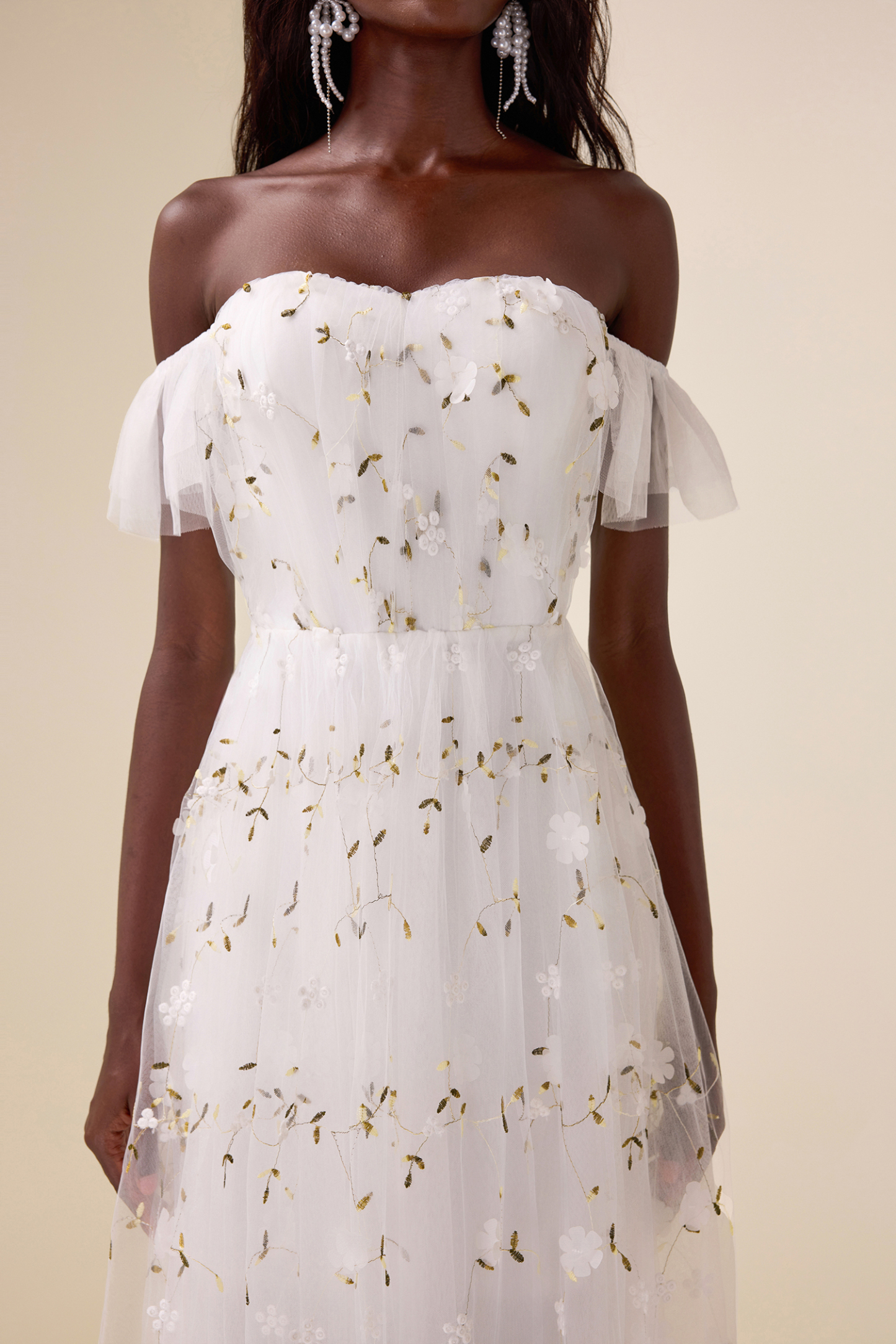 Mesh Embroidered Off-Shoulder Maxi Dress
