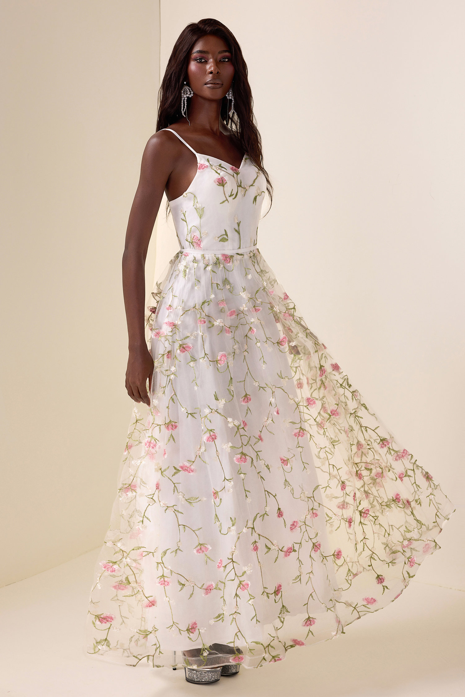 Mesh Embroidered Sleeveless Maxi Dress