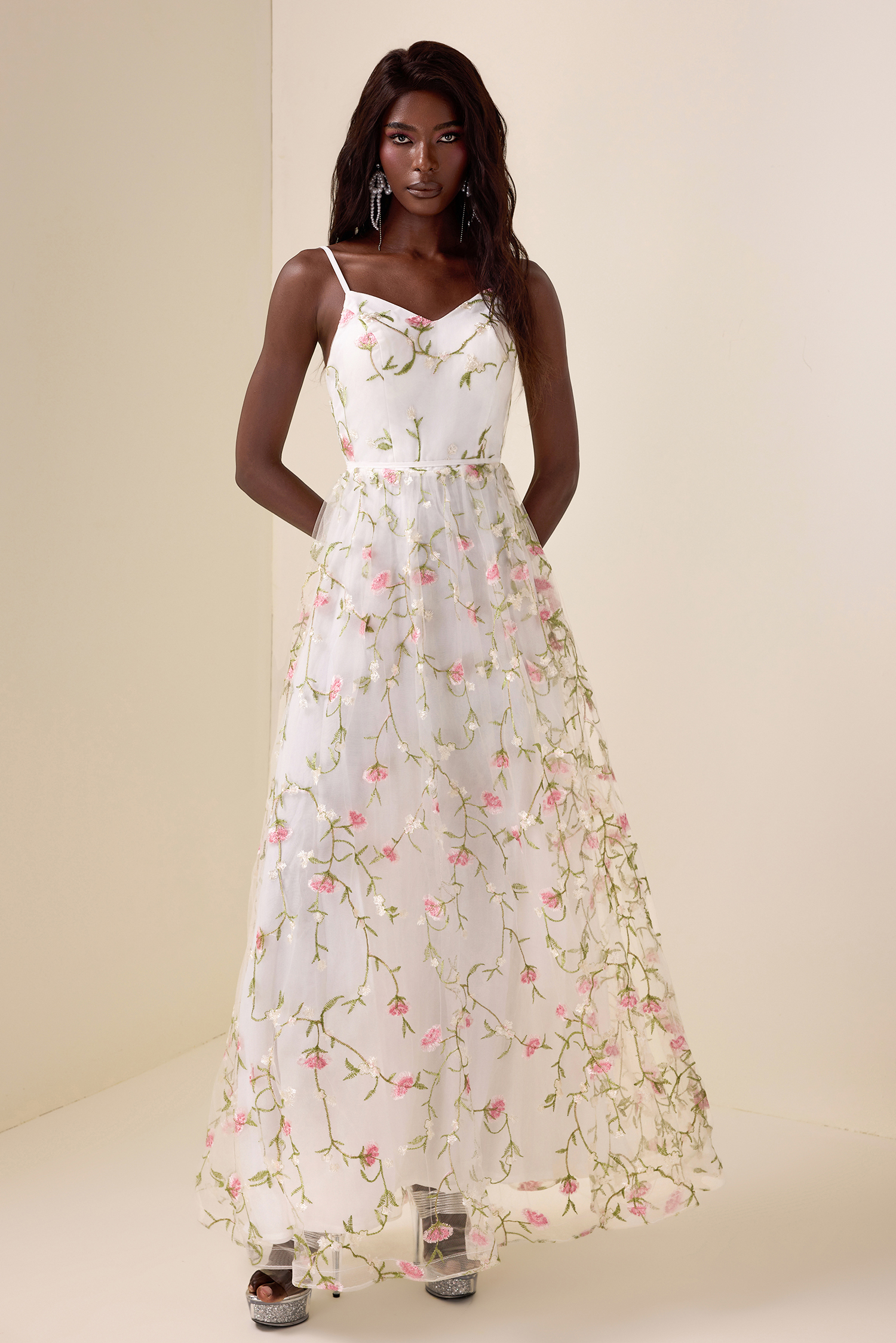 Mesh Embroidered Sleeveless Maxi Dress